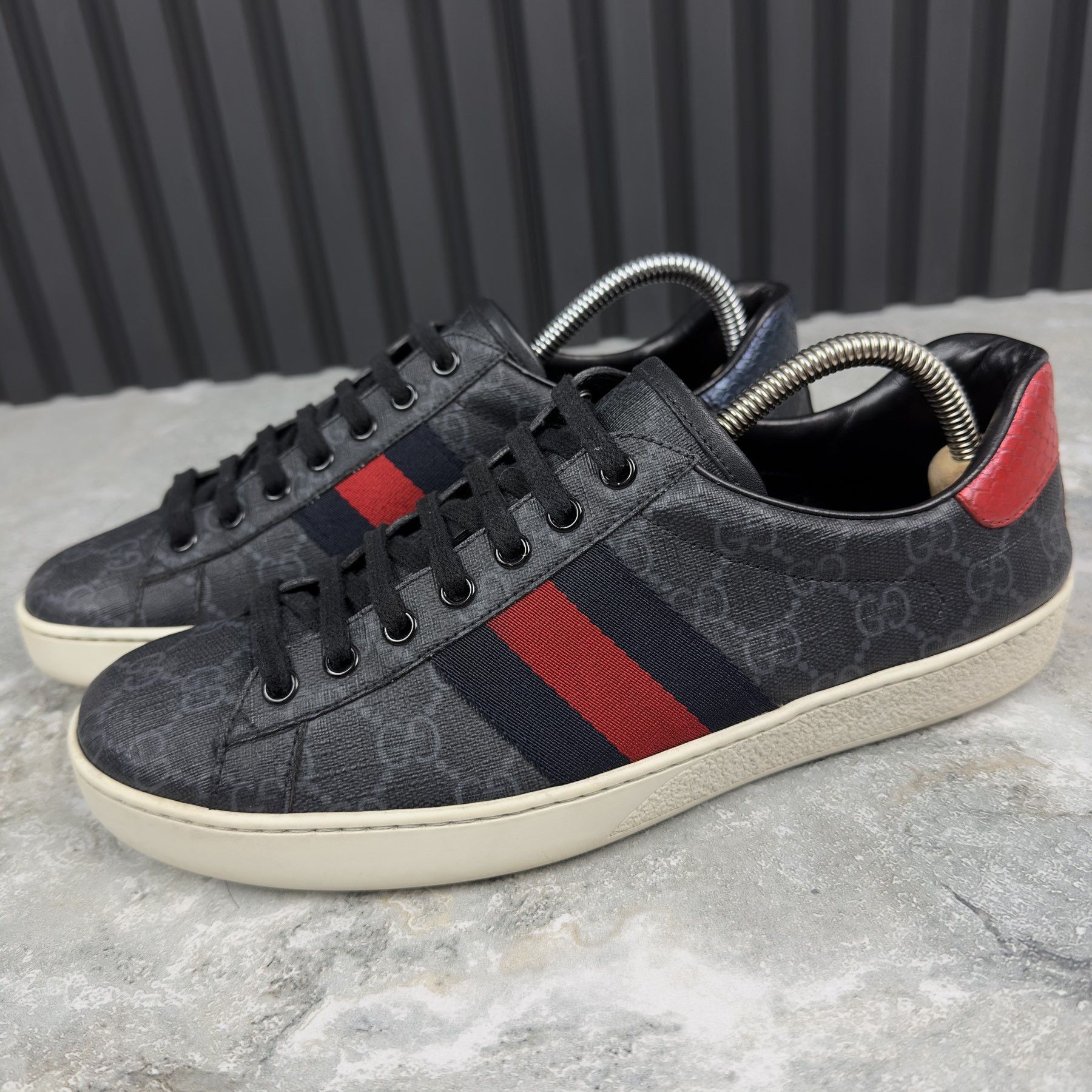 image of Gucci Ace Web GG Monogram Sneakers Leather 7.5 G in Grey, Men's (Size 8)
