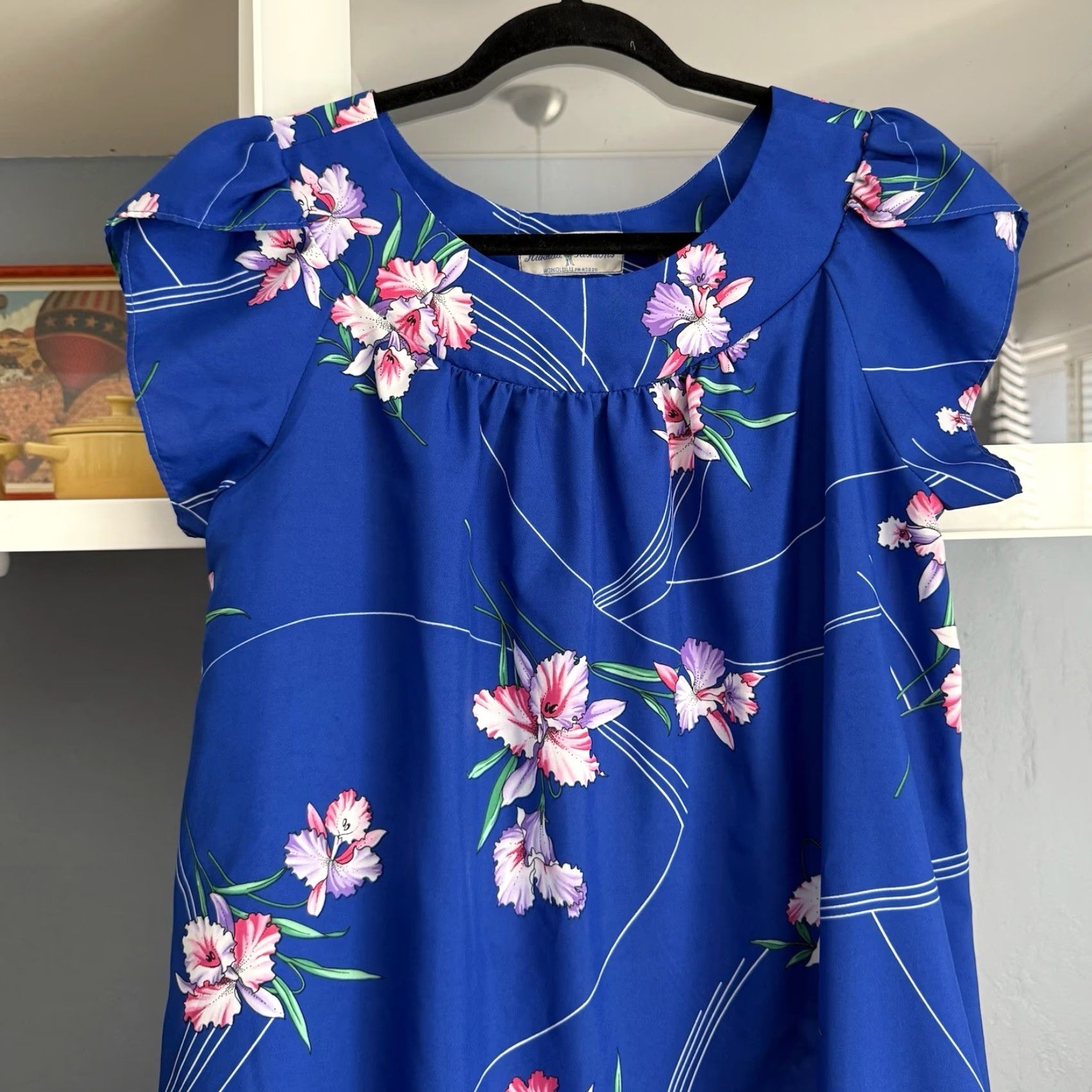 Vintage VINTAGE Hukilau Fashions Hawaiian Dress M/L Blue Floral Maxi Mumu Short Sleeve Puff Sleeve A-Line Women's Dress Size M / US 6-8 / IT 42-44 - 4 Thumbnail