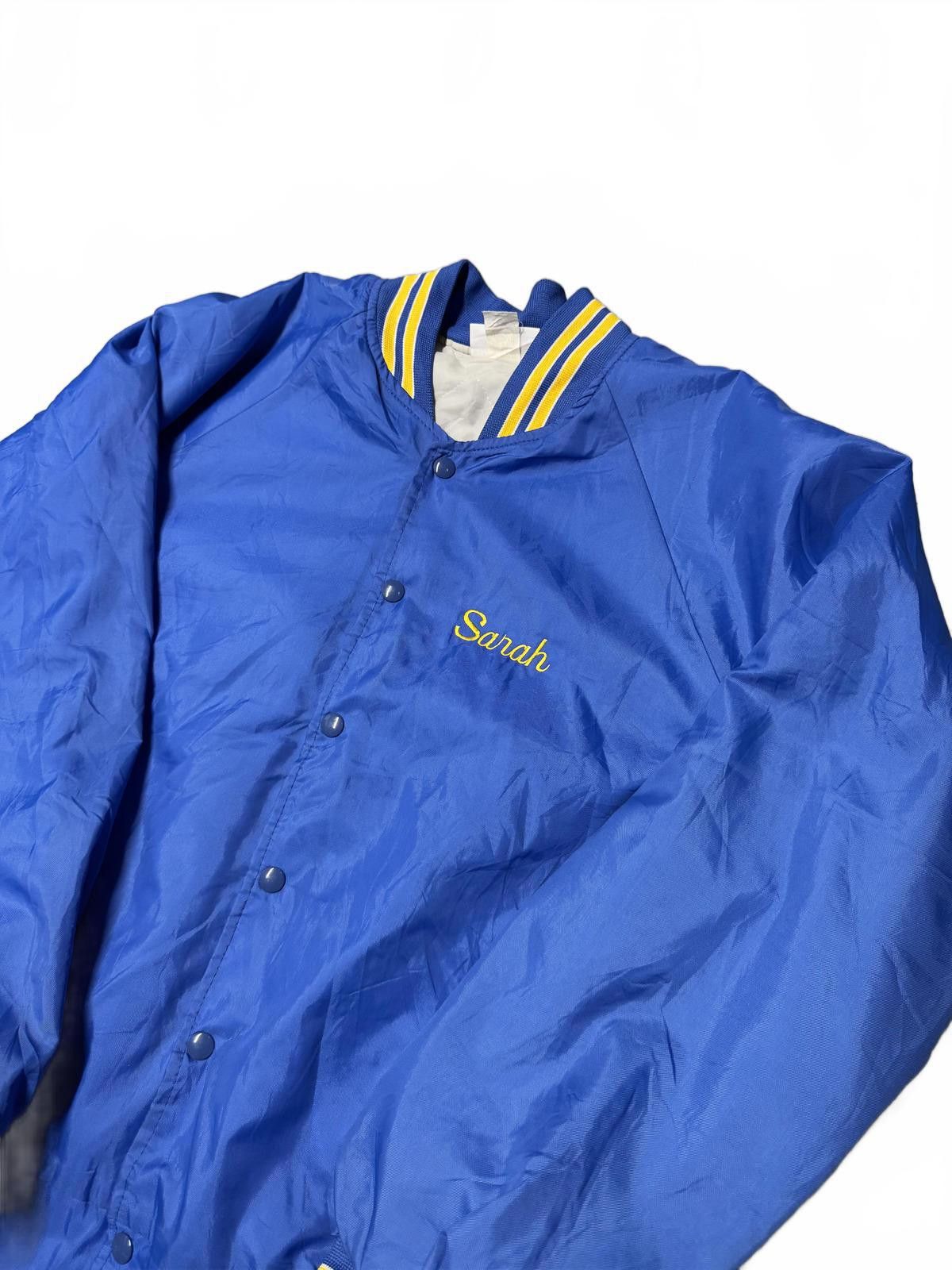Designer Blue Satin Varsity Jacket with Sarah Embroidery Size L / US 10 / IT 46 - 3 Thumbnail