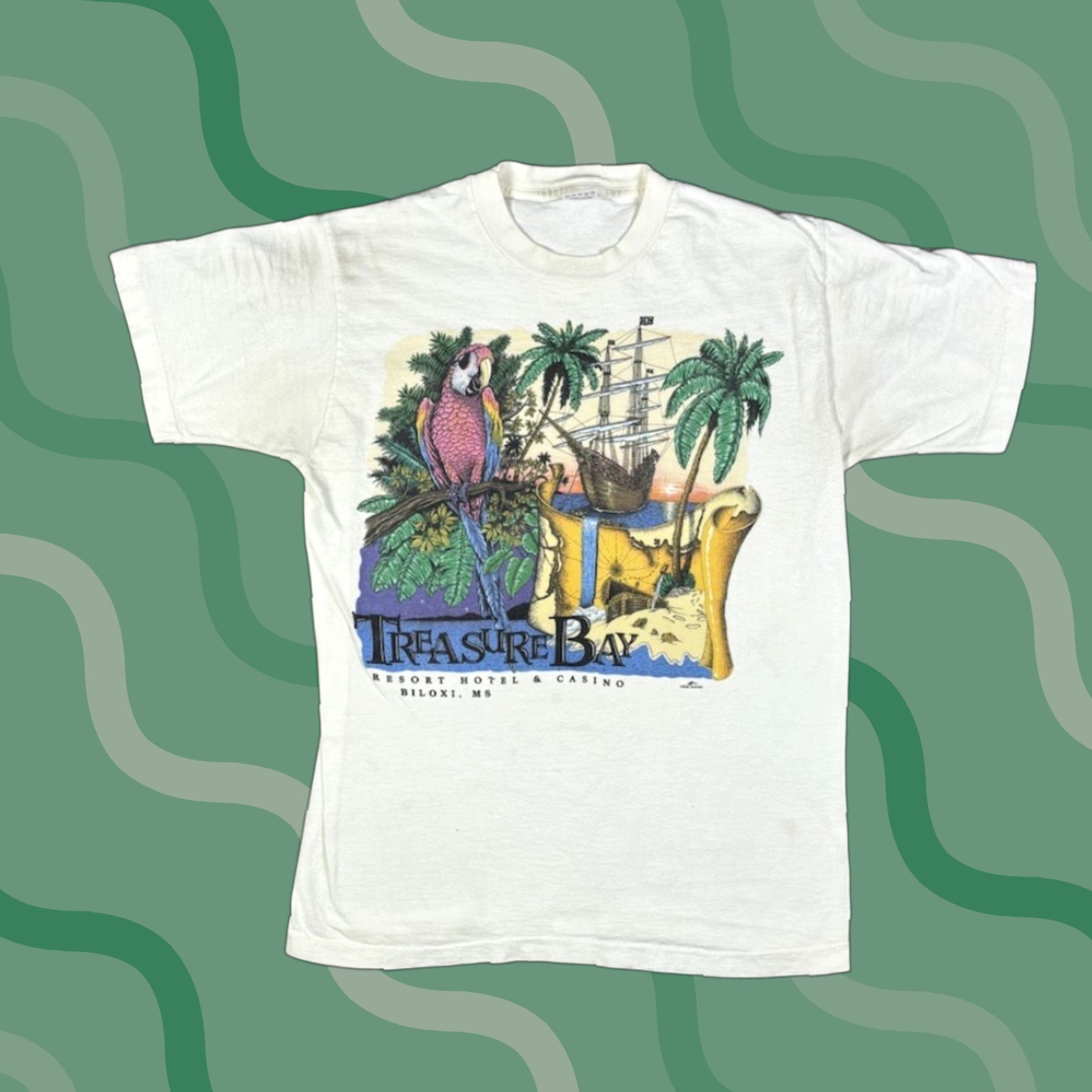 Fruit Of The Loom VINTAGE 90s Treasure Bay Art T Shirt M Fruit of the Loom Shirt Mens White Cotton Graphic Print Short Sleeve Round Neck 90s Vintage Size US M / EU 48-50 / 2 - 1 Thumbnail