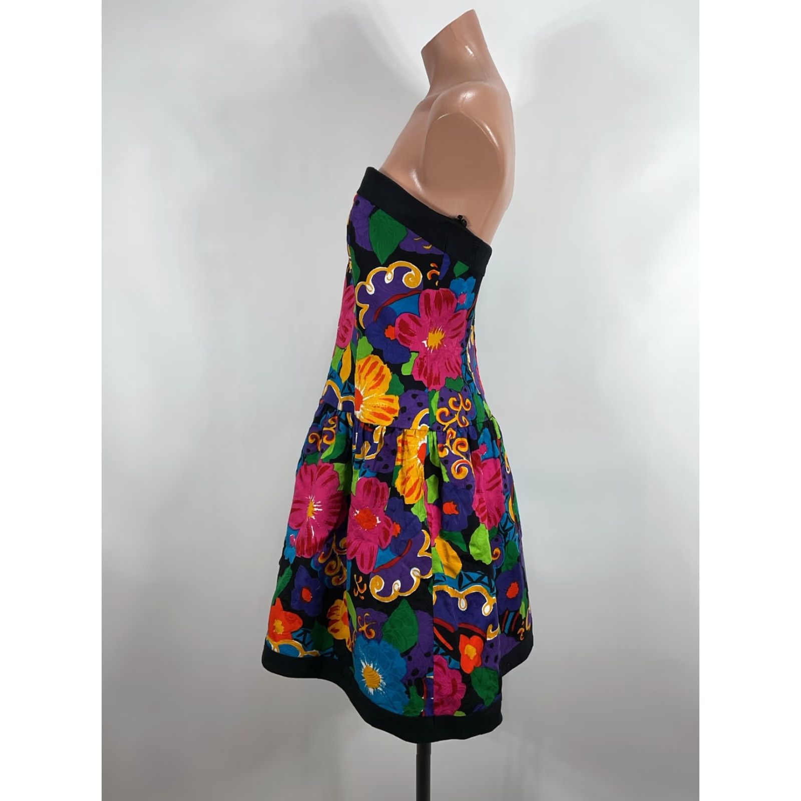 VINTAGE A.J. Bari Dress Strapless Fit & Flare Floral 90s Black Cotton Size  14 Women Knee Length NWT - www.wellskinkop.com