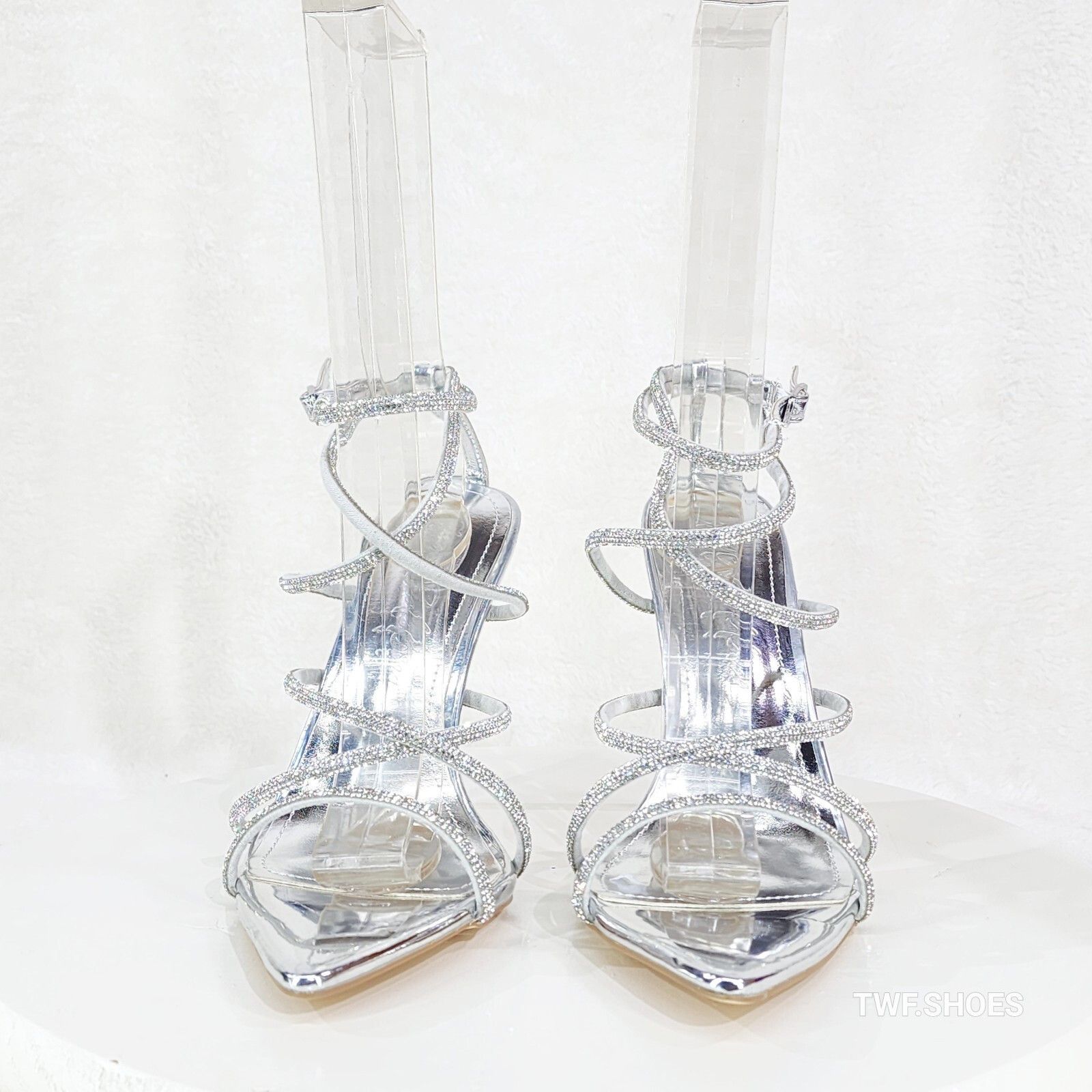 Other Party Town Silver Metallic Strappy Rhinestone Pointy Toe Hig Size US 10 / IT 40 - 7 Thumbnail