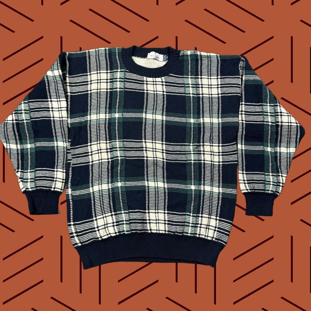 Bill Blass VINTAGE Bill Blass Sweater XL Blue Green White Plaid 90s USA Made Crewneck Mens Classic Preppy Size US XL / EU 56 / 4 - 1 Thumbnail