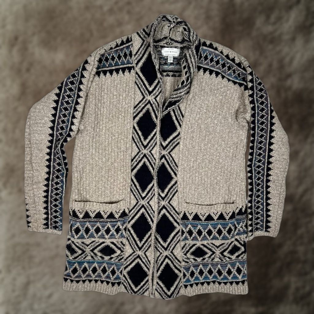 Lucky Brand Lucky Brand Cardigan Sweater Womens XS/S Beige Blue Open Front Aztec Knit - Geometric Open Front Pockets Shawl Collar Long Sleeve Knit Body Size S / US 4 / IT 40 - 1 Thumbnail