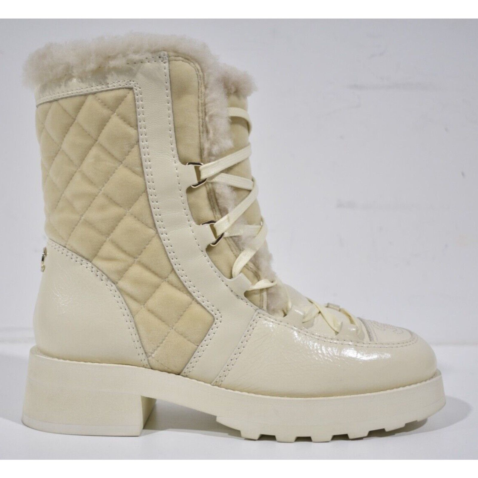 Chanel Chanel 21K Ivory Velvet Shearling Fur Brave CC Lace Up Tie Size US 6 / IT 36 - 1 Thumbnail