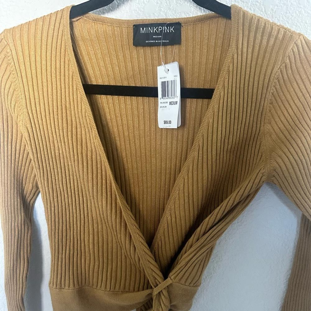 MINKPINK MINKPINK Phrada Ribbed Knit Wrap Crop Cardi Top Gold Medium Size M / US 6-8 / IT 42-44 - 4 Thumbnail