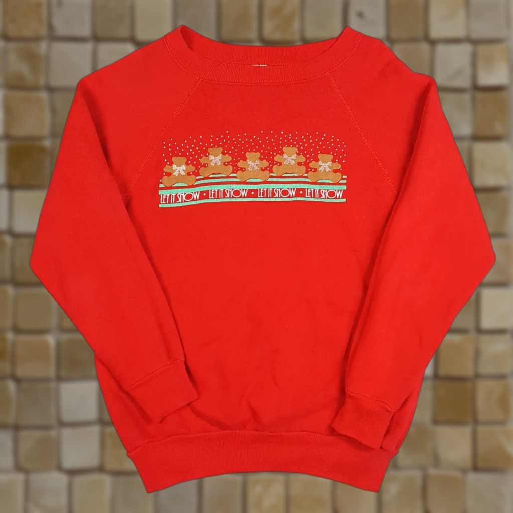 Tultex VINTAGE 80s Let It Snow Teddy Bear Women's M Red Tultex Sweatshirt Crewneck Pullover Size M / US 6-8 / IT 42-44 - 1 Thumbnail