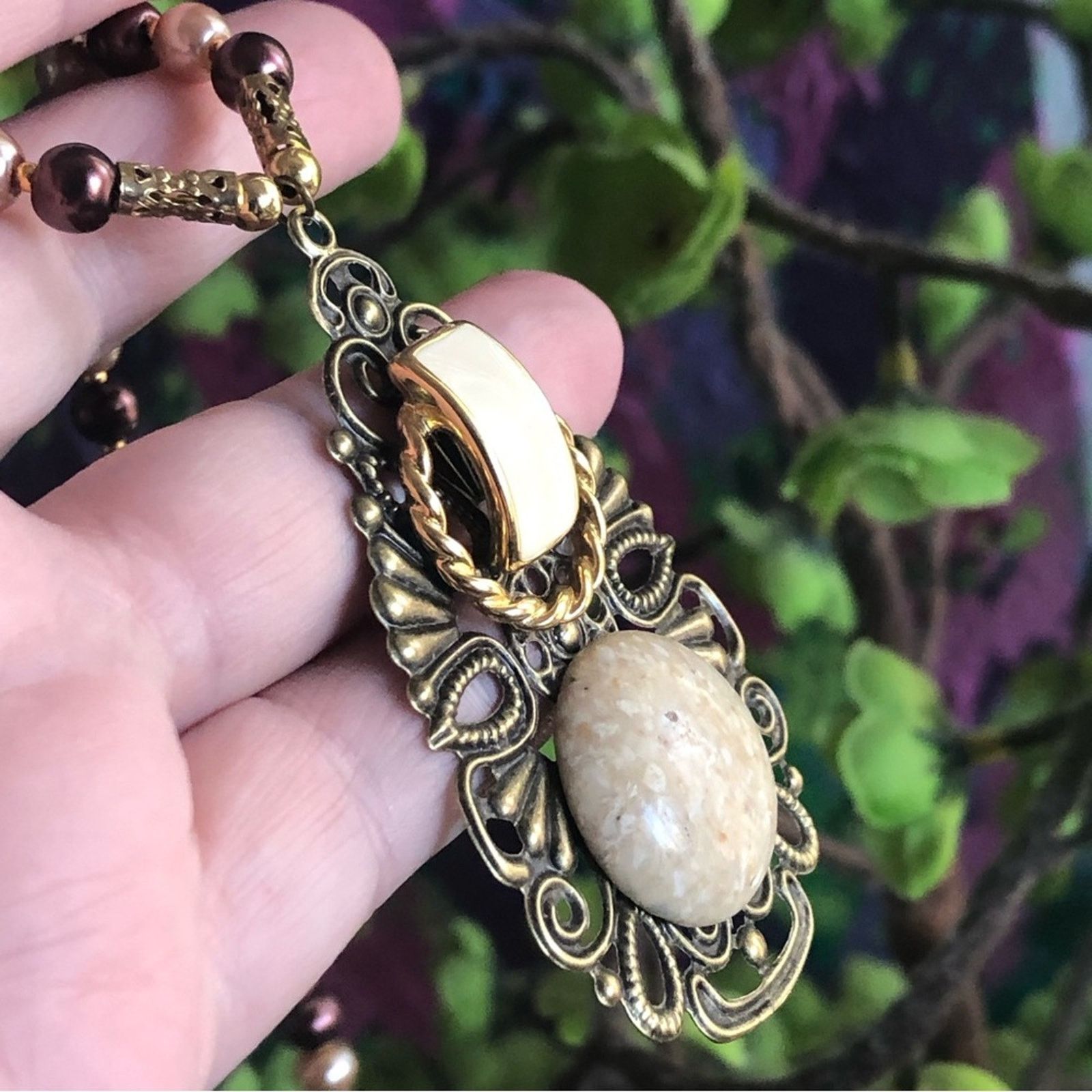 Handmade Handcrafted repurpose filigree pendant Czech Pearl necklace Size ONE SIZE - 9 Thumbnail