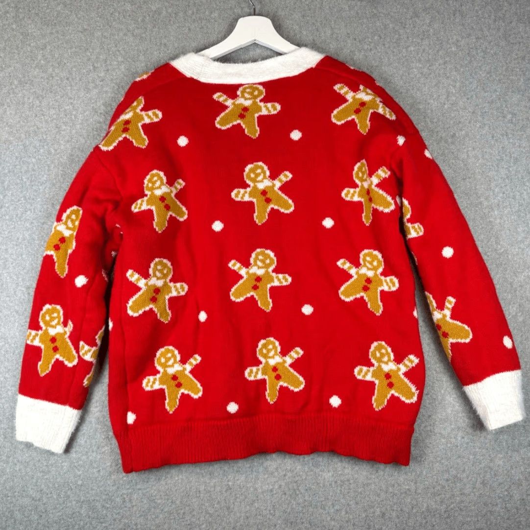 Shein SHEIN Cardigan Sweatshirt Gingerbread Man Button Front Red Tan Womens Medium M Red Cardigan Sweater Menus Mens Womens Size M / US 6-8 / IT 42-44 - 4 Thumbnail