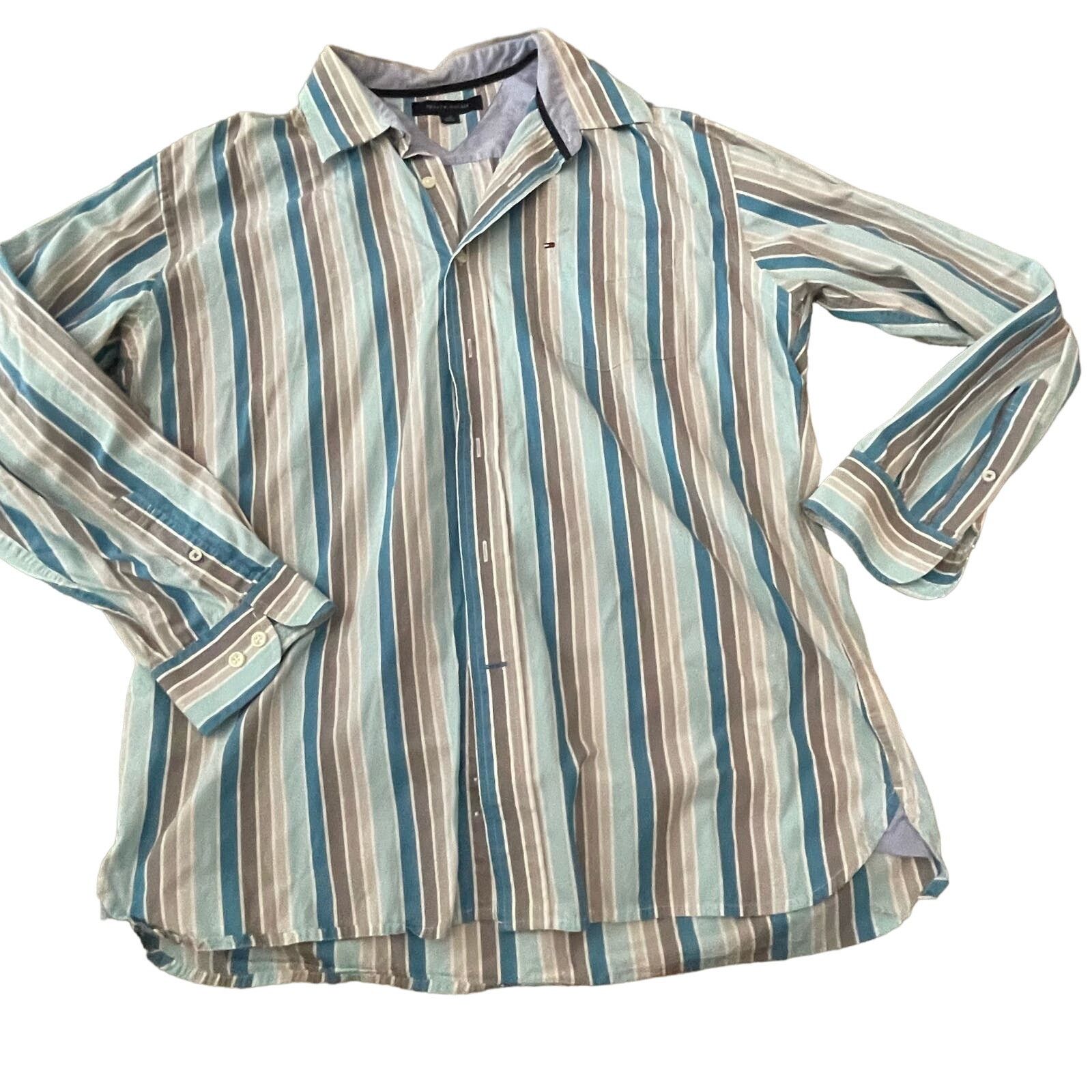 Tommy Hilfiger Tommy Hilfiger Mens Blue Gray Striped Shirt Button Large Size US L / EU 52-54 / 3 - 1 Thumbnail