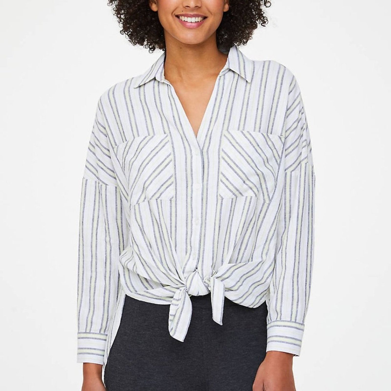 Loft Loft White w/Green Strip Tie Front Shirt Size S / US 4 / IT 40 - 2 Thumbnail