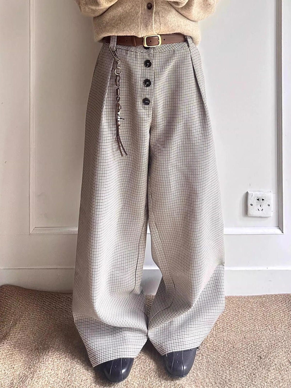 Houndstooth Pleated A-Line Wide-Leg Dress Pants | Old Money