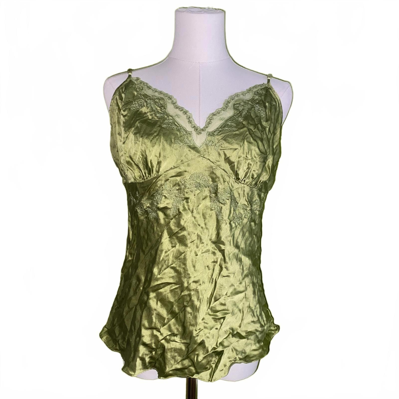 Designer Y2K Green Satin Lace Cami Top Size XL Lingerie Aesthetic Size XL / US 12-14 / IT 48-50 - 1 Thumbnail