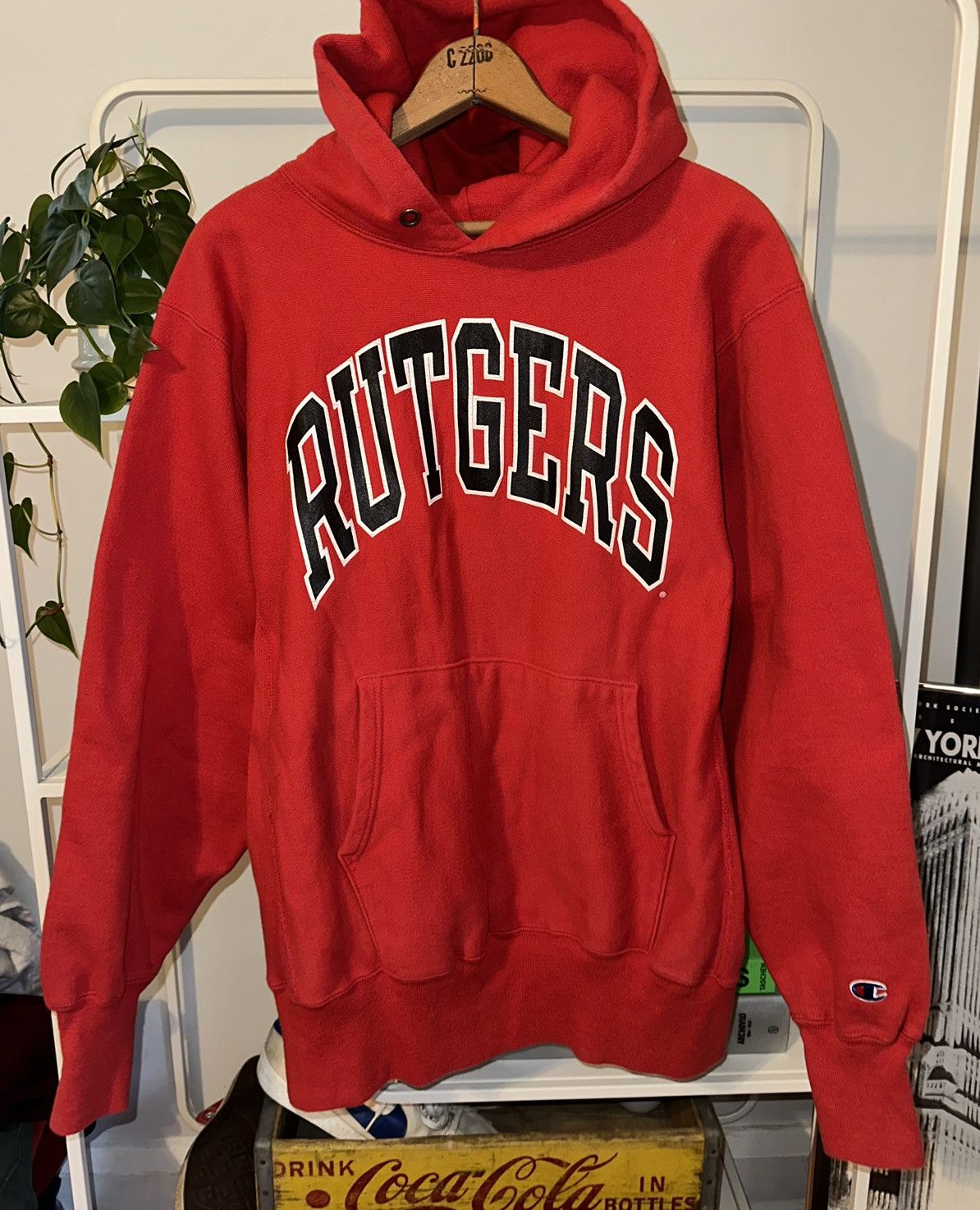 image of Rutgers Champion Reverse Weave Hoodie Crewneck in Red, Men's (Size Medium)