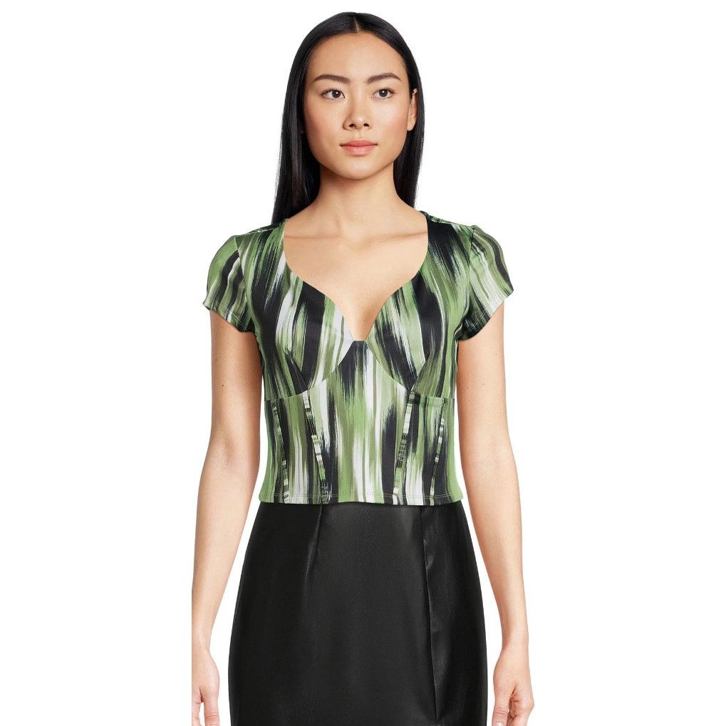 Madden NYC XS juniors Short Sleeve Deep V-Neck Top Olive green stretch Size XS / US 0-2 / IT 36-38 - 1 Thumbnail