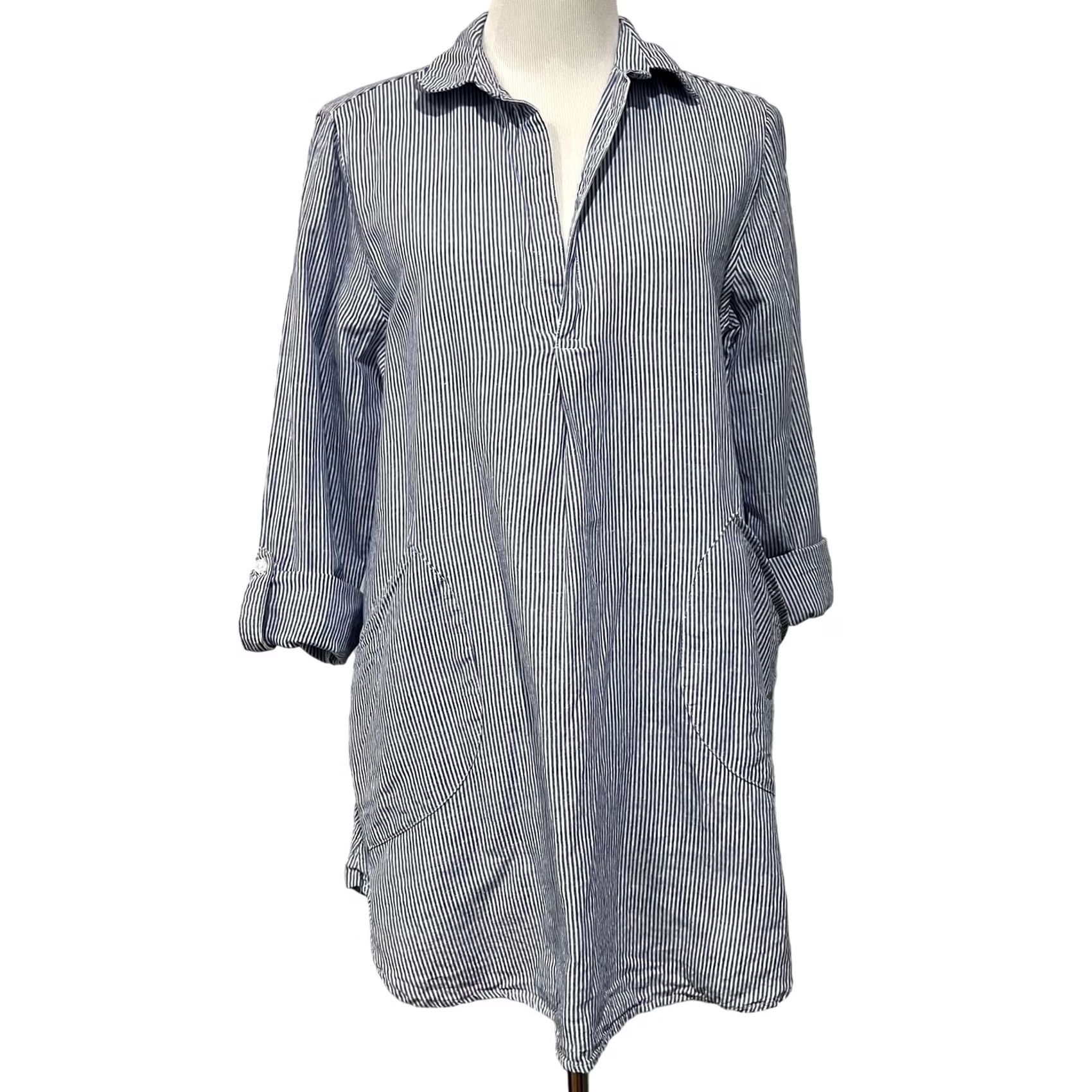 Vintage VINTAGE For Cynthia Blue Striped Linen Blend Cover Up Tunic Roll Tab Sleeves M Women Shirt, Blues, 32-33 Length, 40 Chest, 24 Sleeve, Preowned Size M / US 6-8 / IT 42-44 - 2 Thumbnail