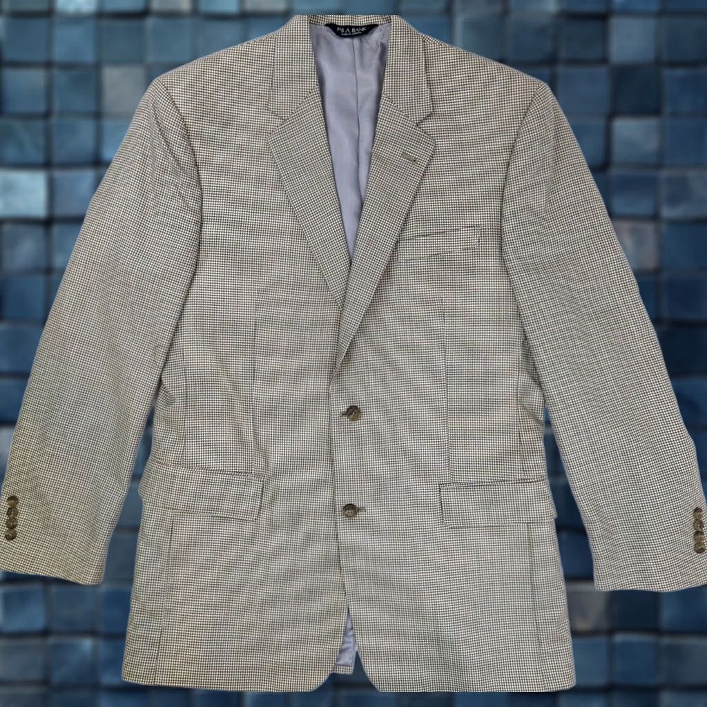 Jos. A. Bank Jos. A. Bank Gordon Signature Wool Blazer Jacket Men 42L Beige Houndstooth Wool Front Button Style Two-Button Single-Breasted Casual Business Mens Size 42R - 1 Thumbnail