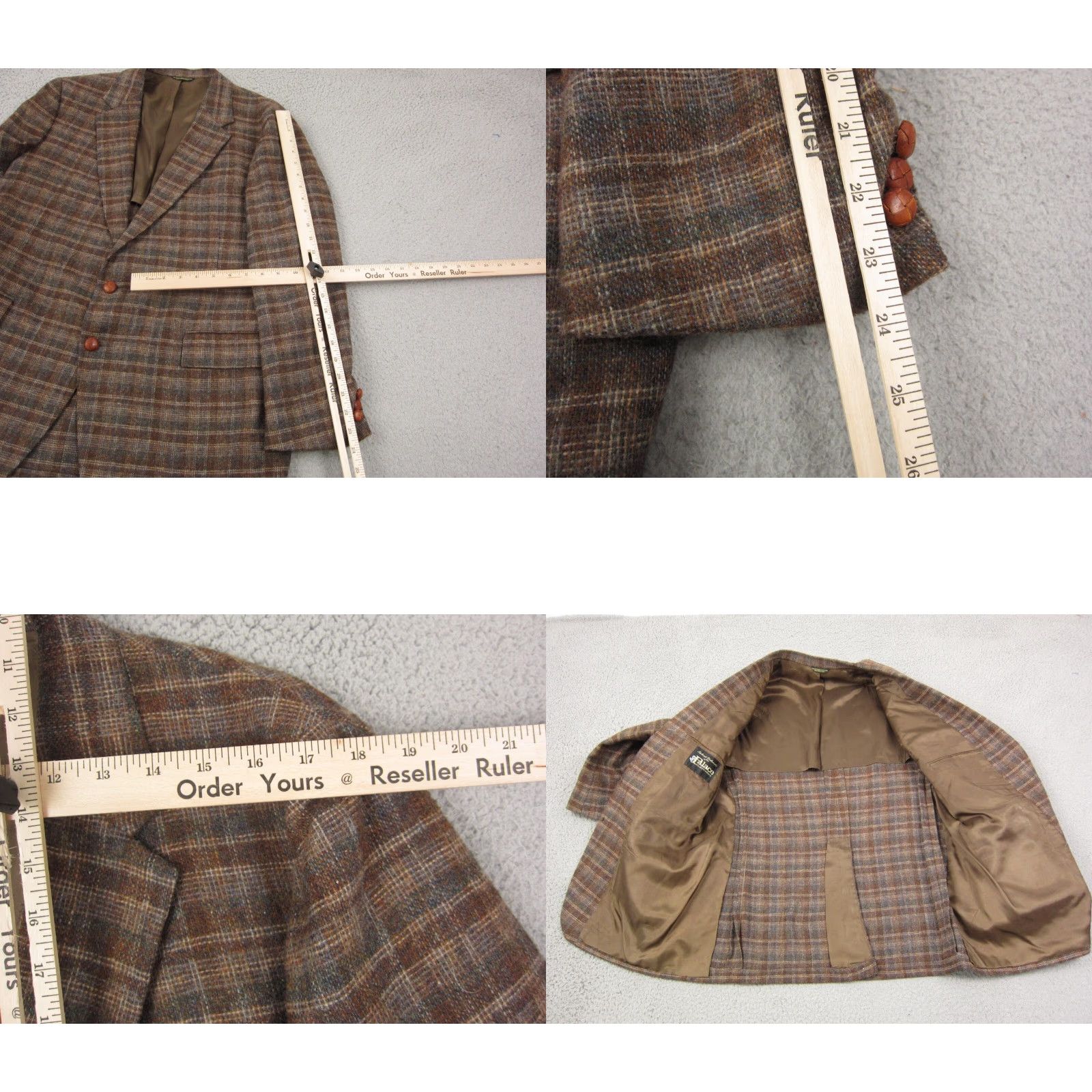 Palace VINTAGE Palace Clothiers Blazer Jacket Mens 44 Brown Tweed Plaid 80s 90s Sports Coat Two-Button Front Mid-Length Regular Fit Mens Size 44R - 8 Thumbnail