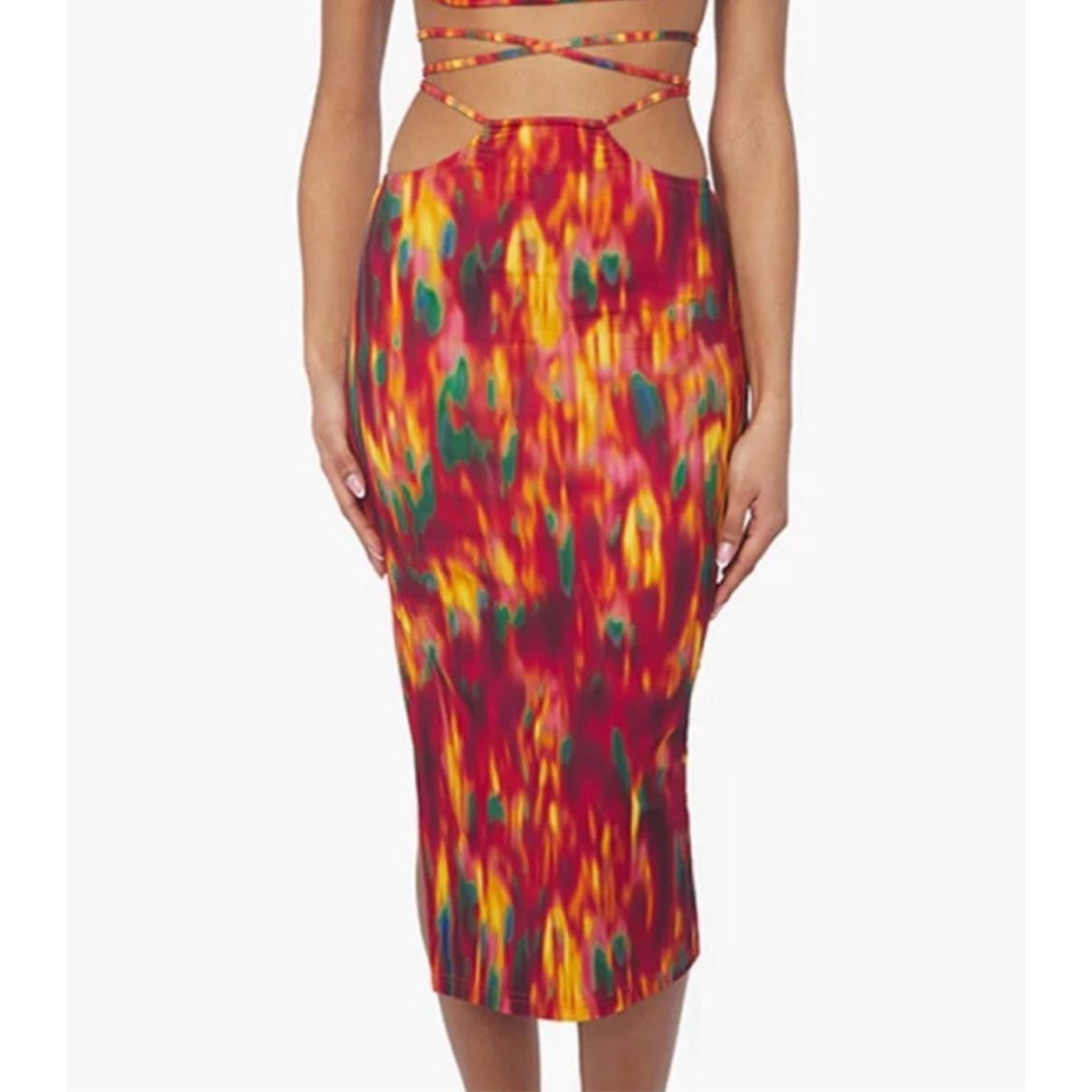 Weworewhat Womens Large Cut Out Midi Skirt Fire Tie Dye Spic