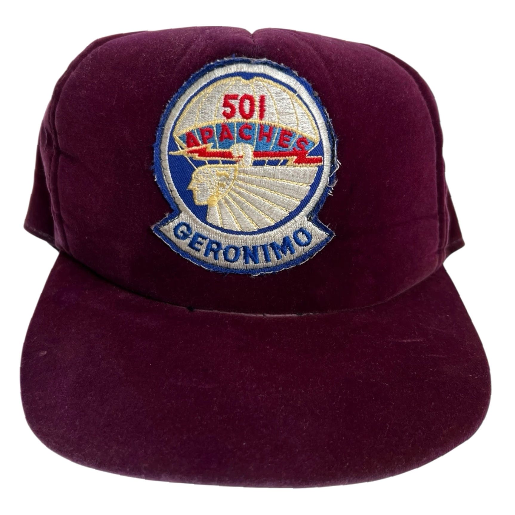 Velour VINTAGE US Army Geronimo 501 Apaches Patch Snapback Hat Cap Red Velour 80s Military Adjustable Men One Size Red 80s Vintage Cap Snap-Back Hats Size ONE SIZE - 2 Thumbnail