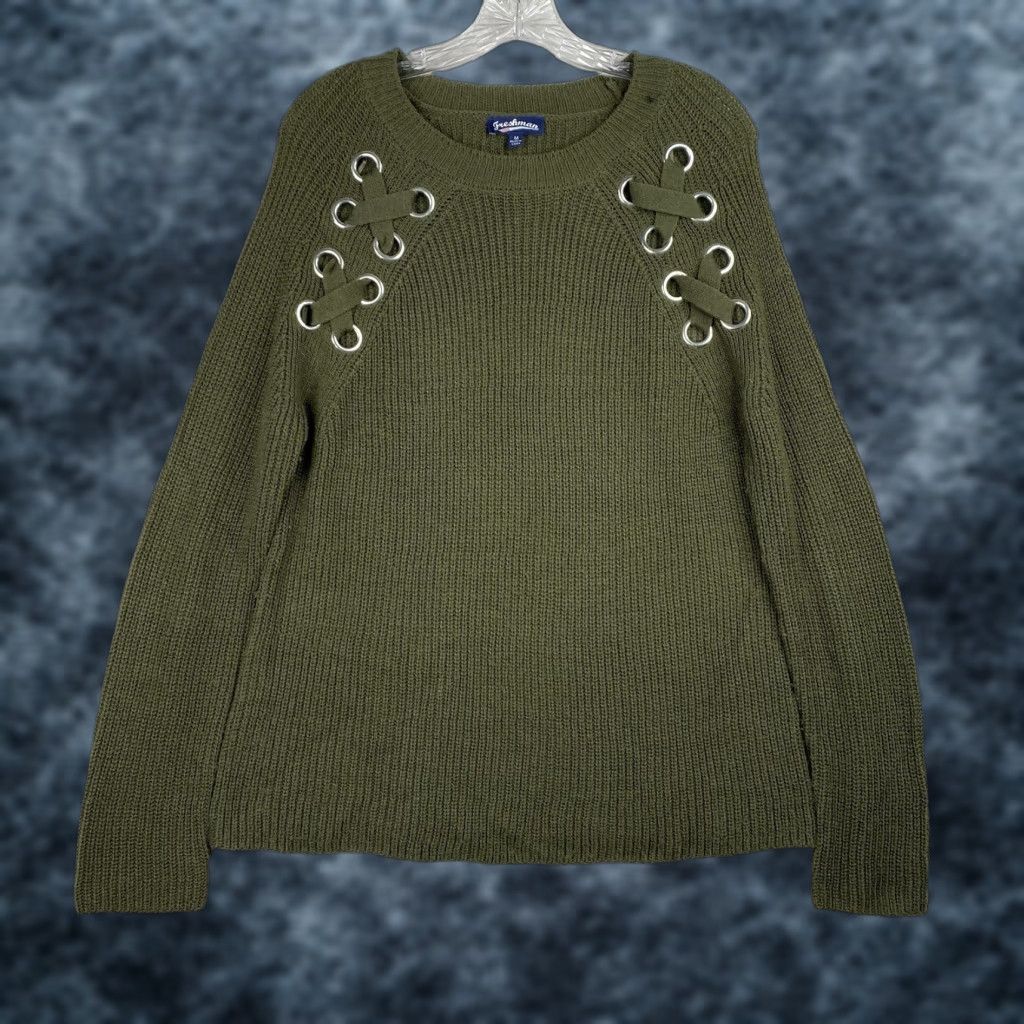 Vintage FRESHMAN 1996 Sweater Womens M Green Cable Knit Round Neck Laced Crochet Silver Grommets Vintage: No (adjusted to rules) Size M / US 6-8 / IT 42-44 - 1 Thumbnail
