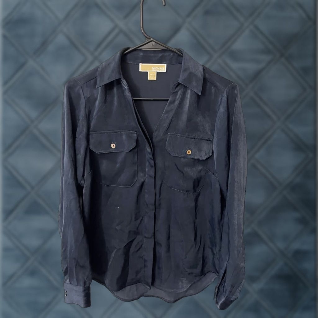 Michael Kors Michael Kors Button-Up Shirt XS Women Navy Blue Polyester Geometric Pattern Long Sleeve Collared Size XS / US 0-2 / IT 36-38 - 1 Thumbnail