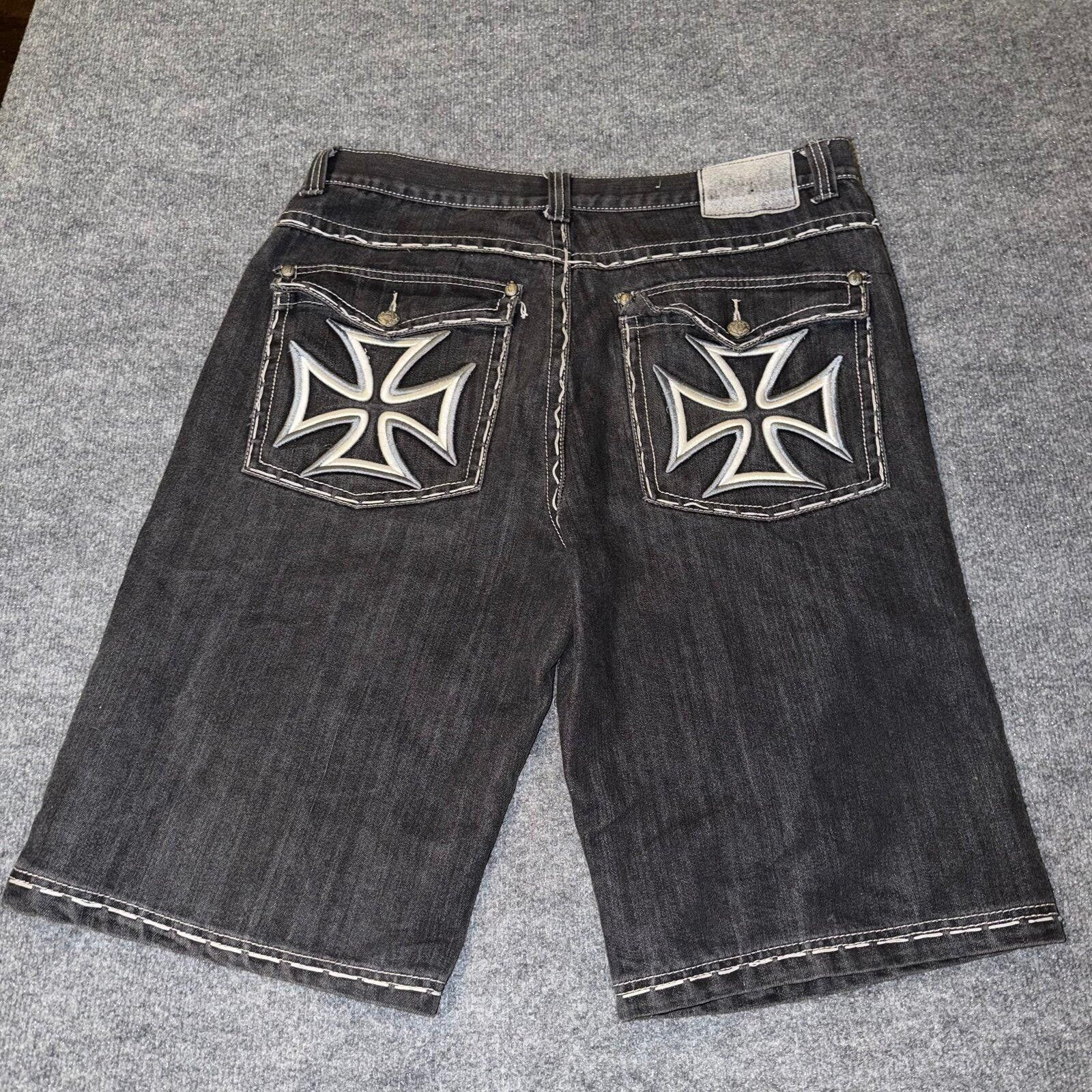 Abalanche Cross Patch Black Denim Jorts Mens 40 2XL Vtg y2k