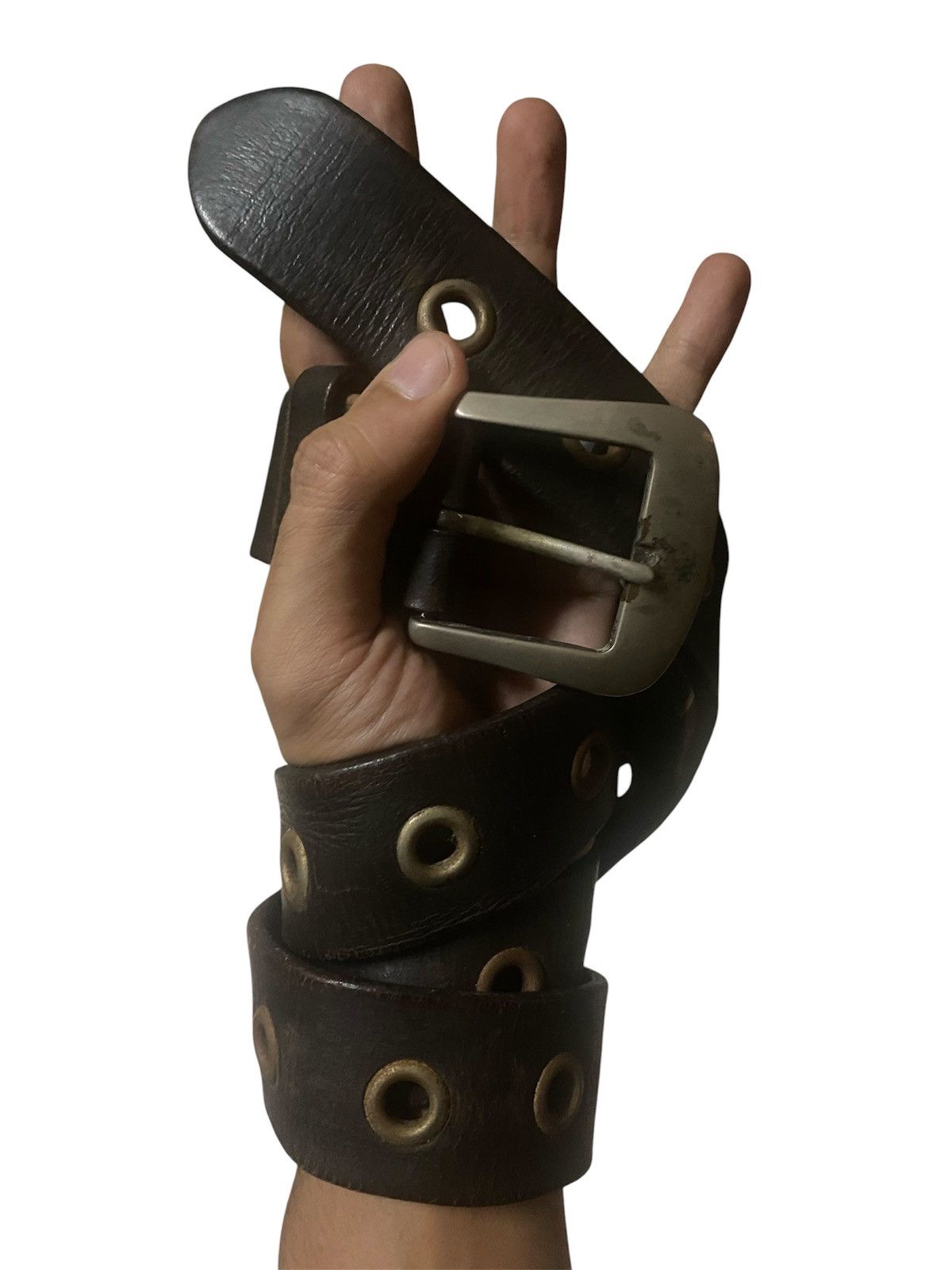Genuine Leather Dark Brown Leather Single Grommet Belt with Eyelets Size ONE SIZE - 1 Thumbnail