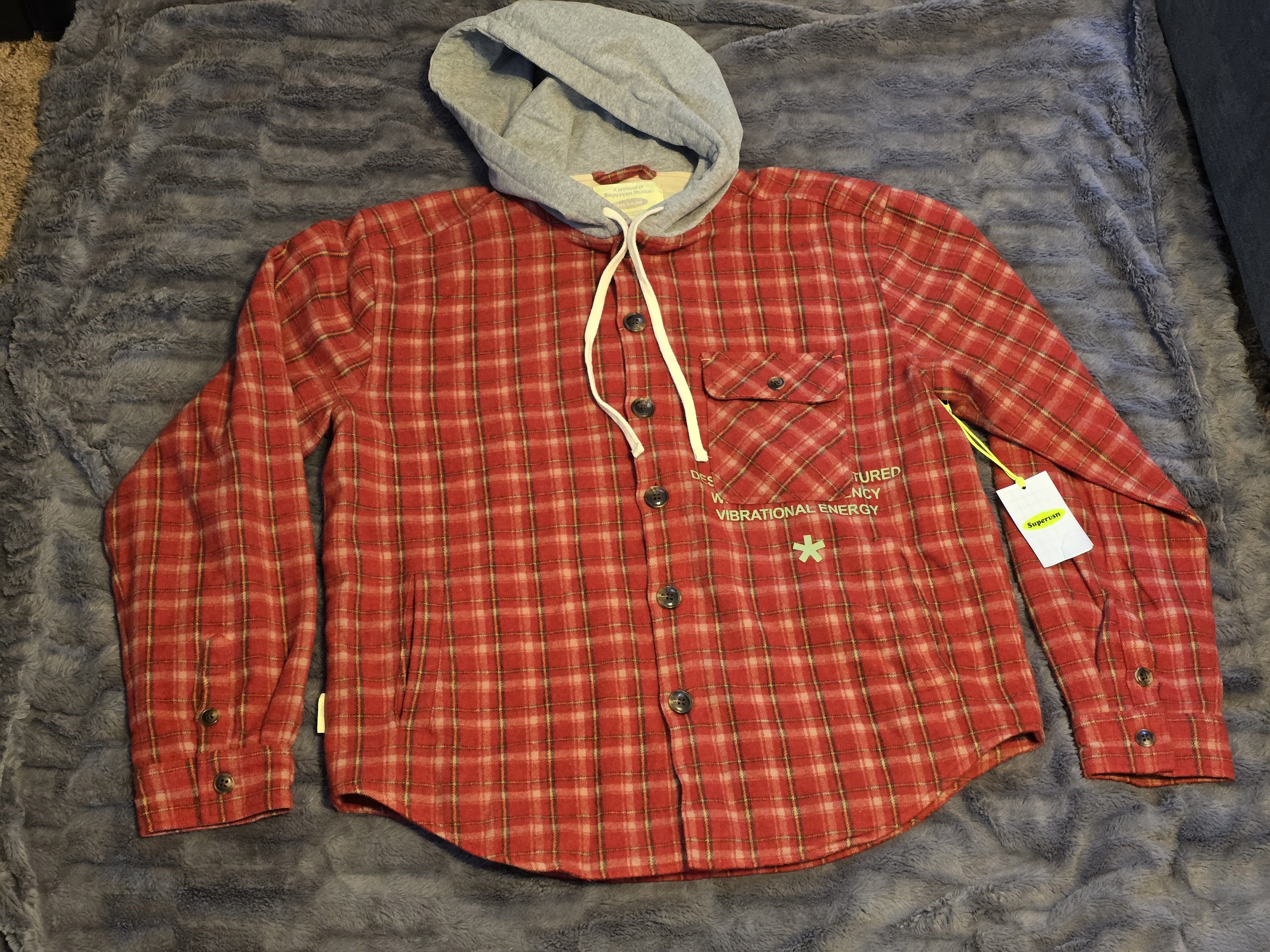 Supervsn SuperVSN Button Flannel Hoodie – Bright Red, Men’s Medium Size US M / EU 48-50 / 2 - 1 Thumbnail
