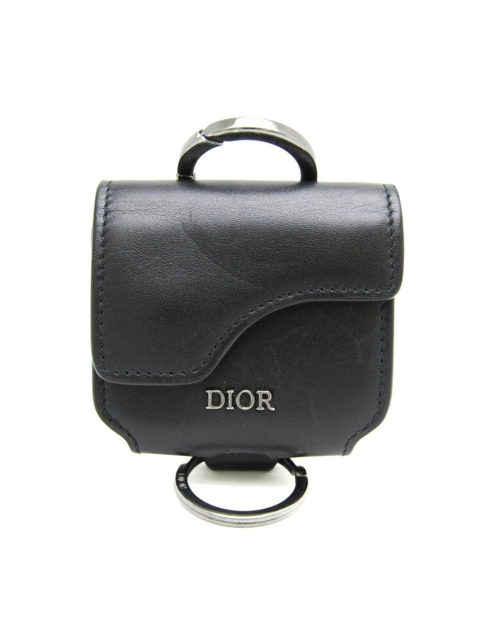 image of Black Leather Airpods Pro Case With Keyring By Christian Dior, Women's