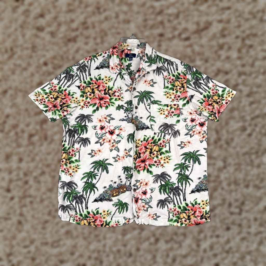 George George Shirt Adult Large White Floral Palm Print Button Up Hawaiian Rayon Mens Size US L / EU 52-54 / 3 - 1 Thumbnail