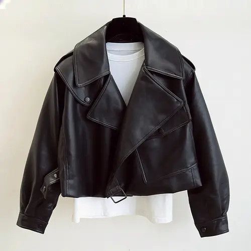 image of Vintage Cropped Black Leather Jacket, Men's (Size Large)