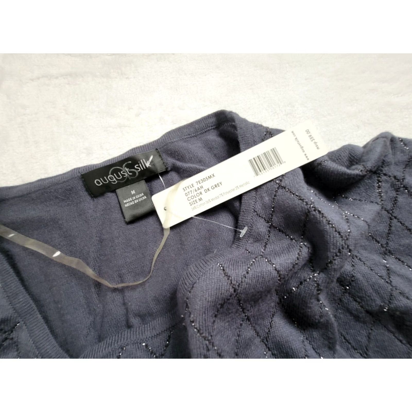 Vintage August Silk Womens Tunic Top M Dark Gray Metallic Diamond Pattern Knit Shirt Size M / US 6-8 / IT 42-44 - 3 Thumbnail
