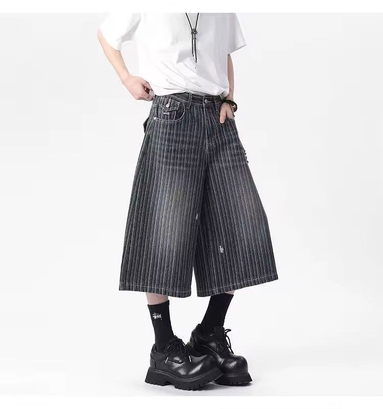 Jean Stripe Streetwear Baggy Loose Washed Black Shorts Y2k Size US 34 / EU 50 - 2 Thumbnail