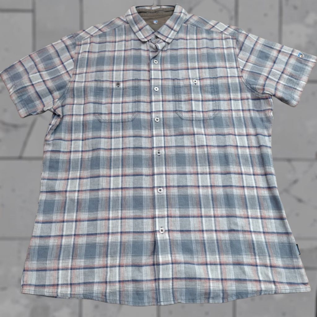 Vintage Kuhl Skorpio Shirt Plaid Button-Up Short Sleeve Linen Blend Blue Gray Large Blue Mens Size US L / EU 52-54 / 3 - 1 Thumbnail