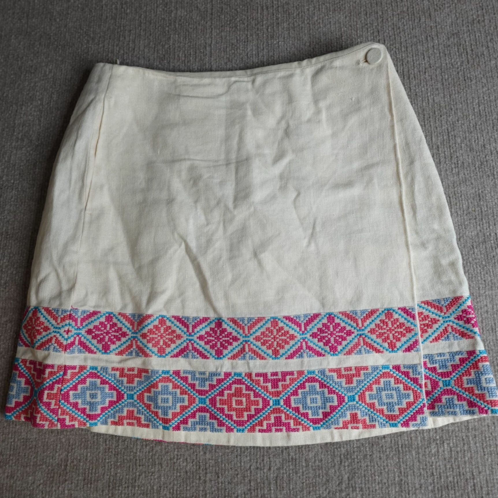 Tory Burch Skirt Womens 4 Ivory Linen Embroidered Faux Wrap Short Pockets 100% Linen
