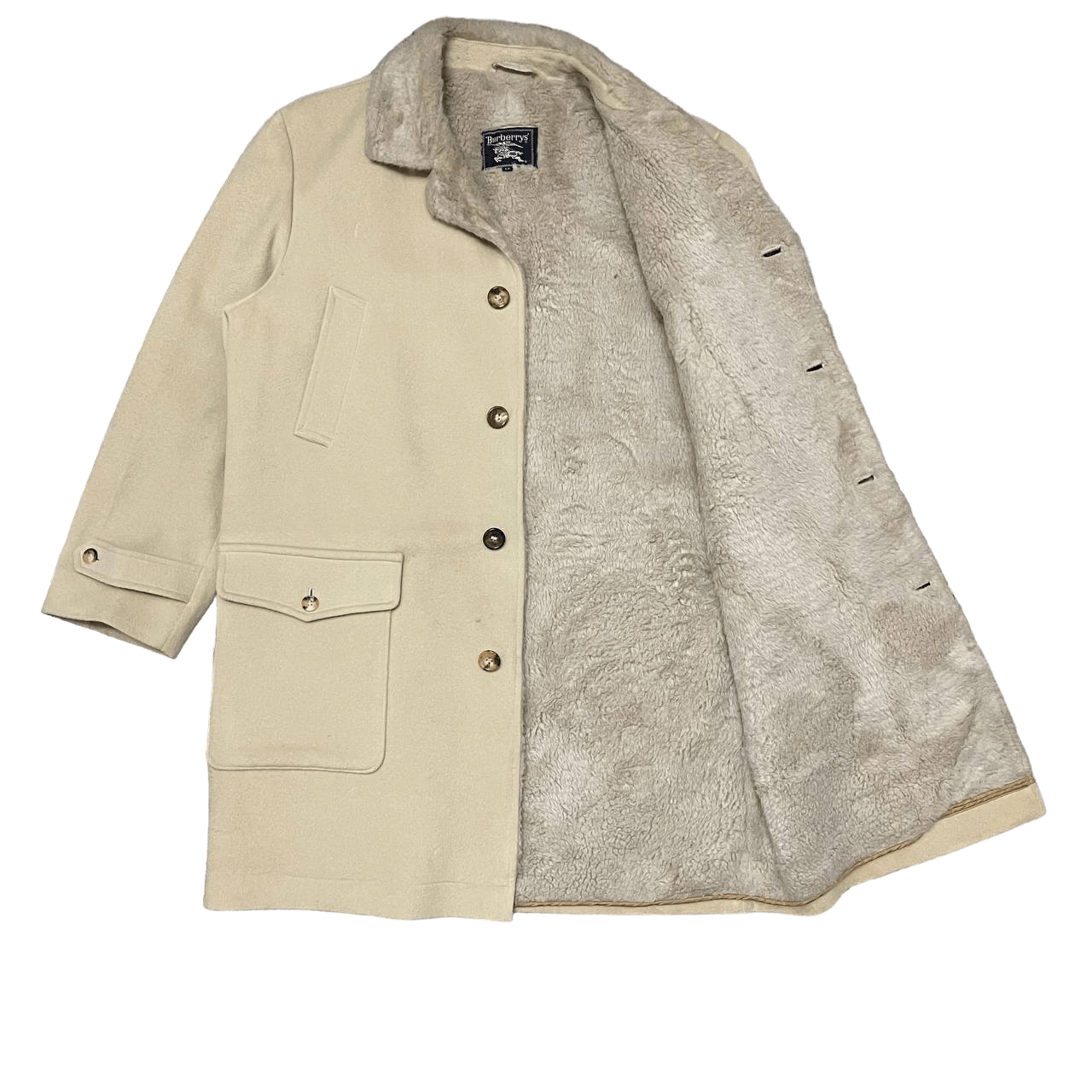 image of Vintage Burberry Shearling Wool Long Coat in Beige, Men's (Size Large)