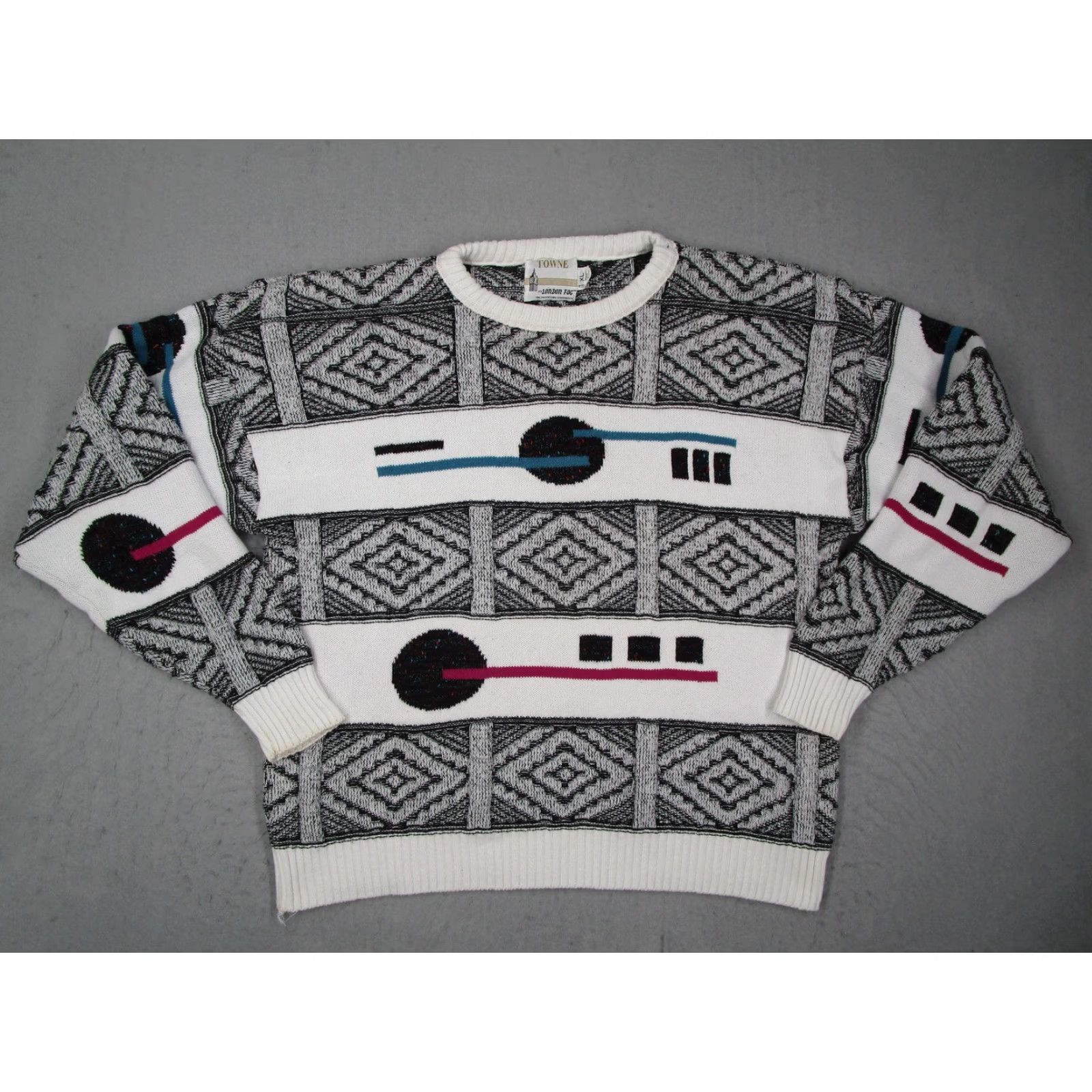 Vintage VINTAGE Towne by London Fog Sweater Mens XL White Geometric Knit Crew 80s 90s Size US XL / EU 56 / 4 - 2 Thumbnail