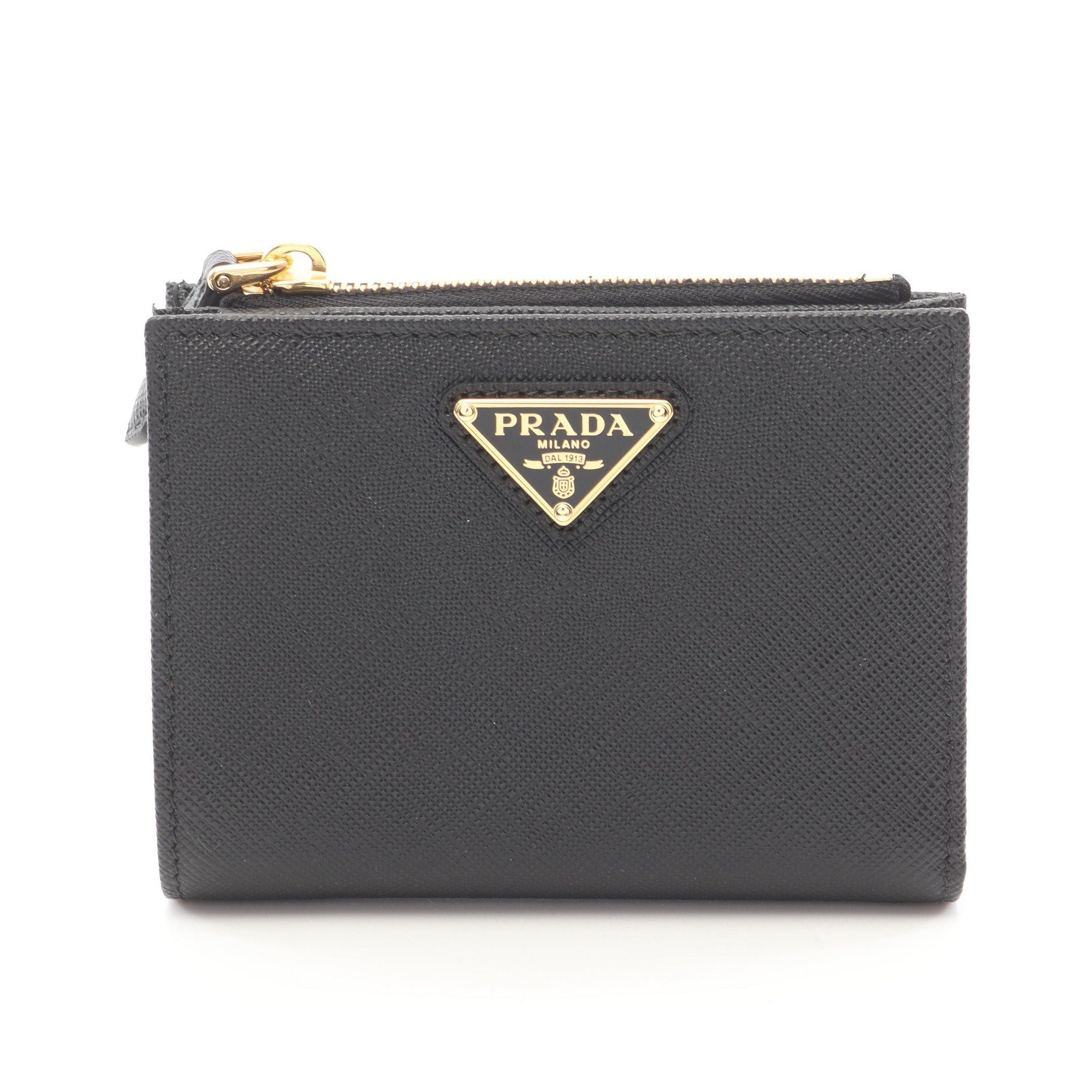 Prada Prada Saffiano Triang Bi-Fold Wallet Leather Black Size ONE SIZE - 1 Thumbnail