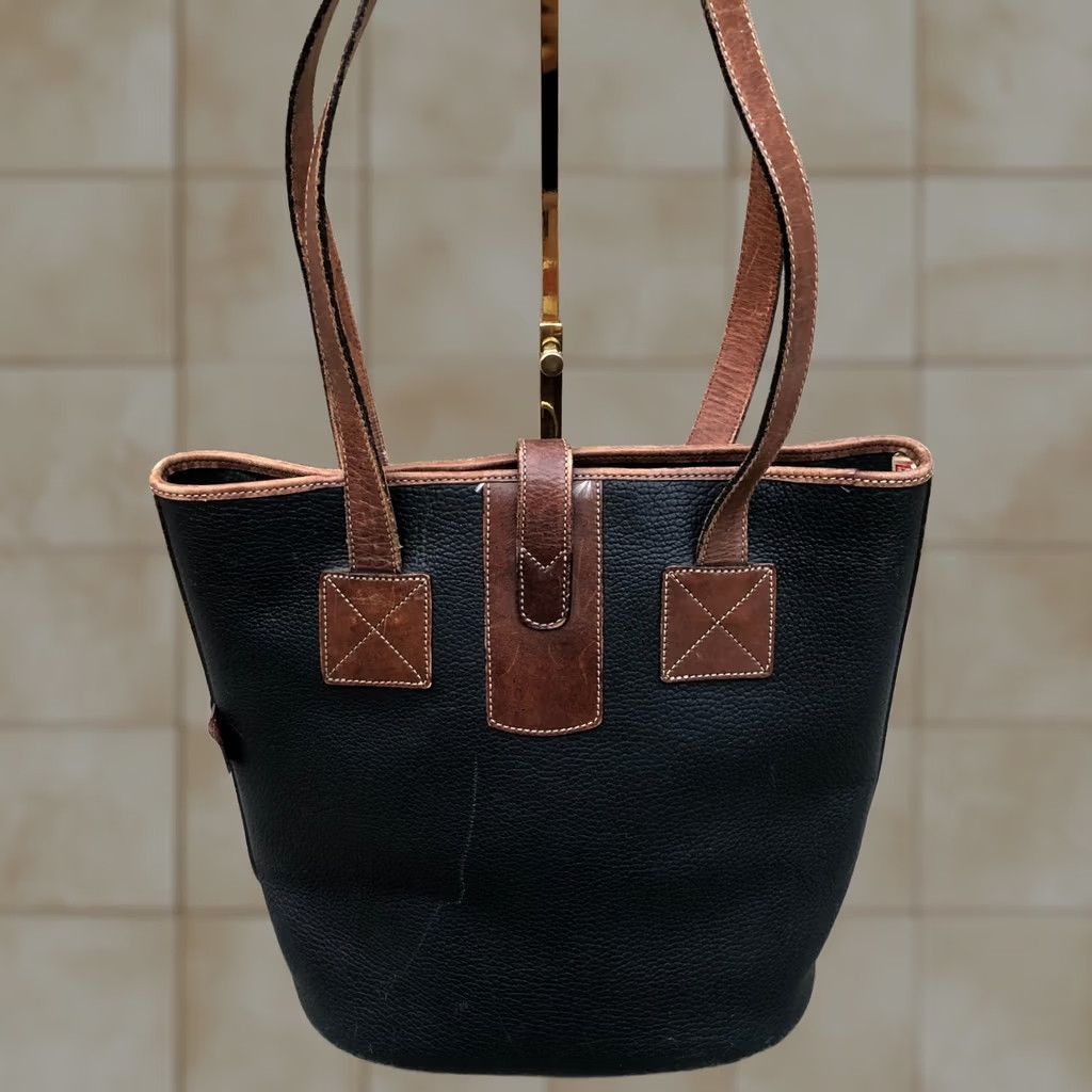 Dooney & Bourke VINTAGE Dooney & Bourke Leather Tote Bag Purse Shoulder Leather Black Buckle Bag Womens Large 12" W x 11.5" H x 6" D Brown/Black Buckle Leather Size ONE SIZE - 1 Thumbnail