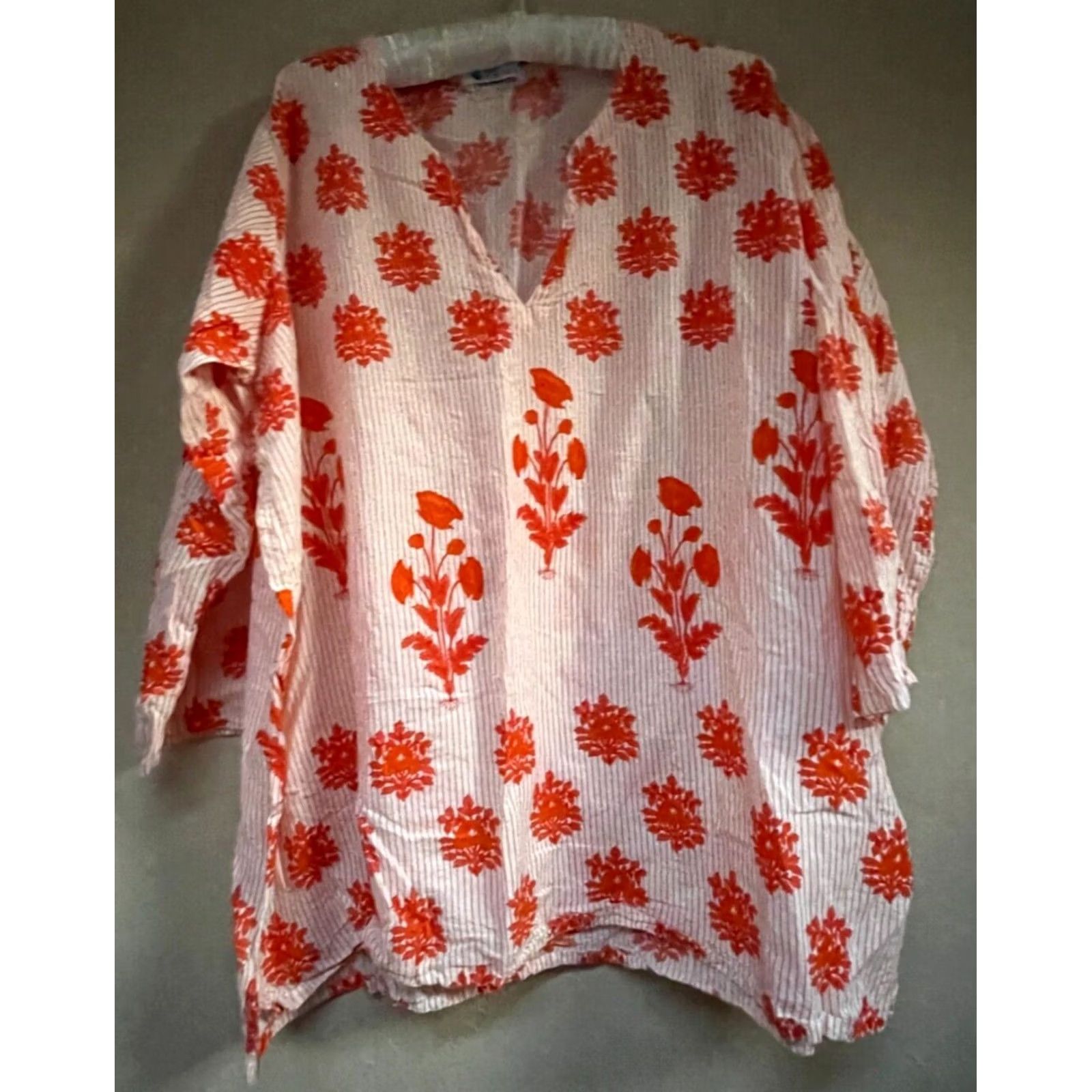 Vintage Bindu Bindi Womens Split Neck 3/4 Sleeve Striped Floral Oversized Shirt White Red Large Size L / US 10 / IT 46 - 2 Thumbnail