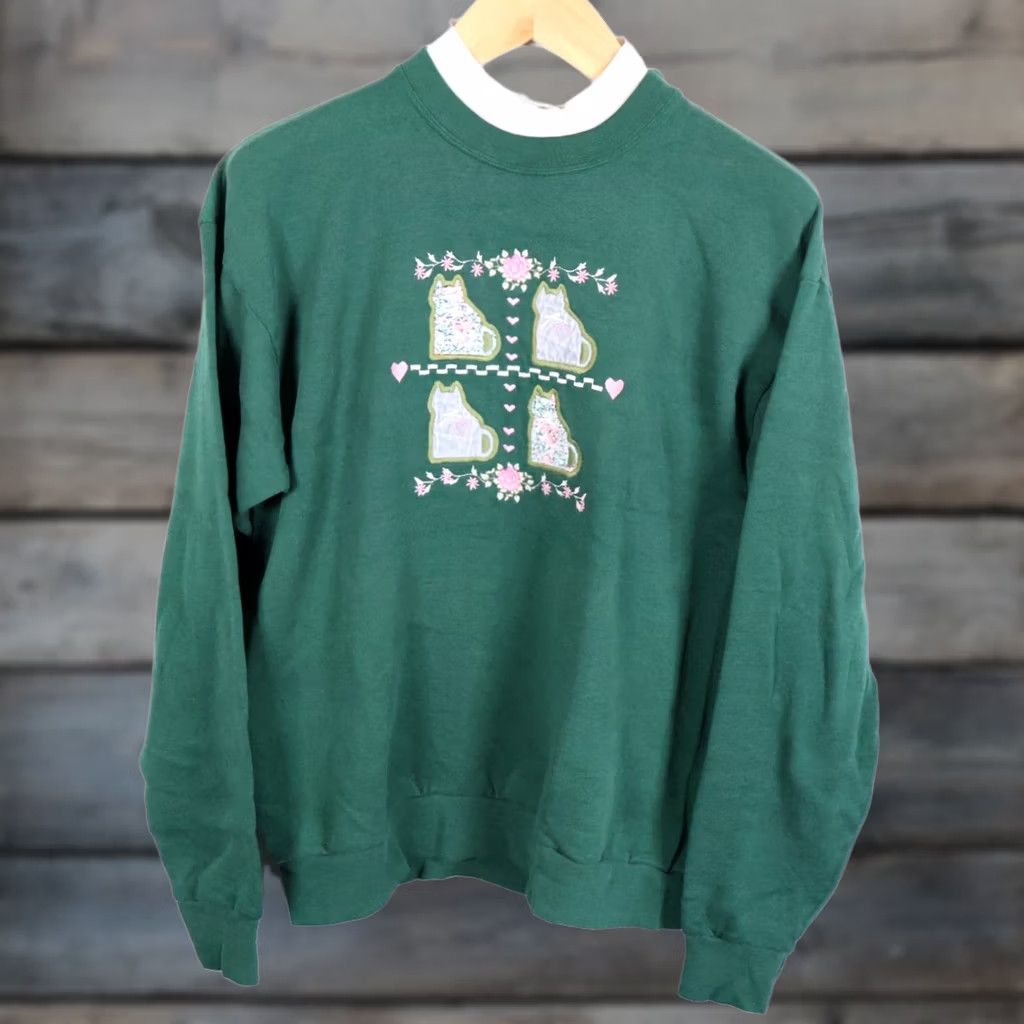 Vintage VINTAGE 90s Flower Cat Sweatshirt Women Large Green Embroidered Mock Neck VTG Grandma Size L / US 10 / IT 46 - 1 Thumbnail
