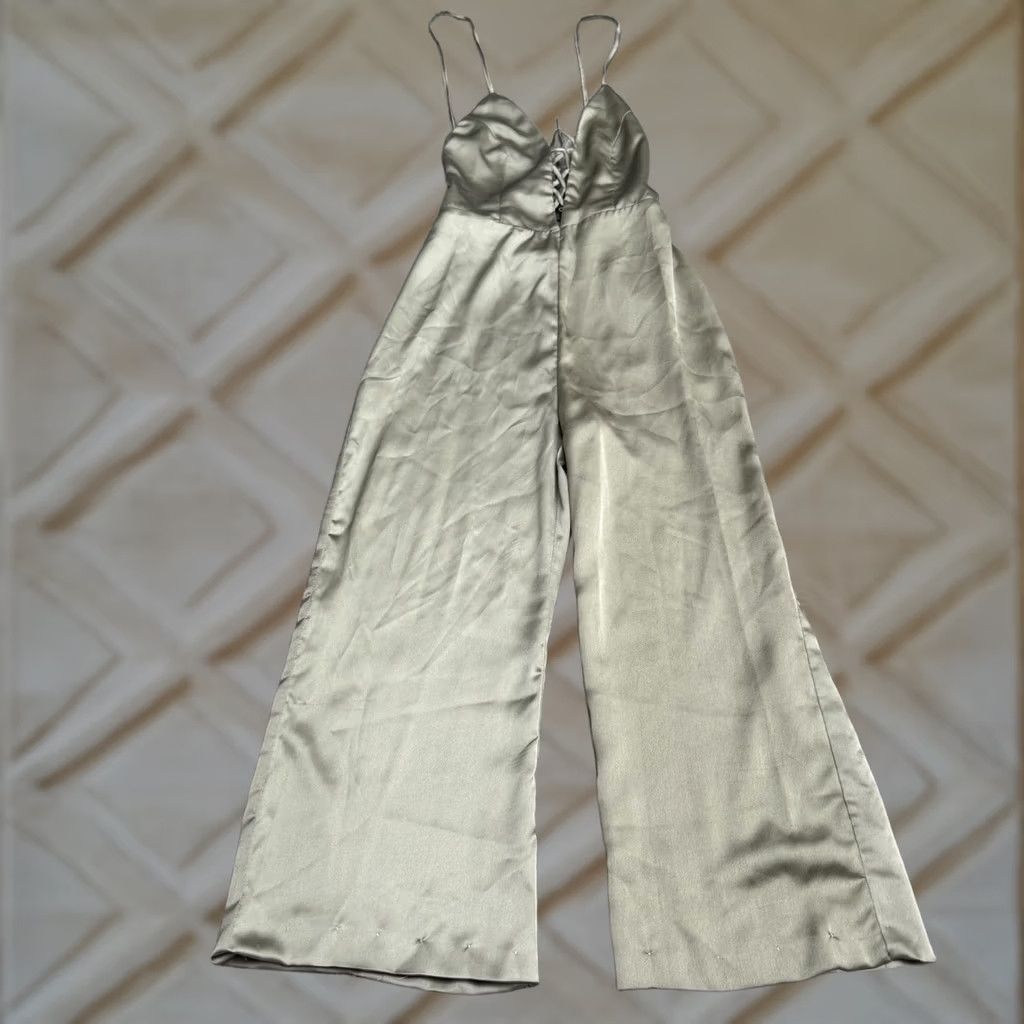 Vintage Tiger Mist Satin Lace Up Wide Leg Jumpsuit Womens XS Sage Green Party Size 26" / US 2 / IT 38 - 1 Thumbnail