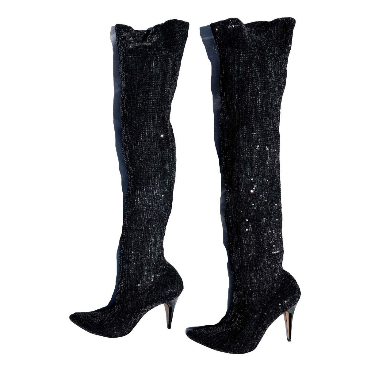 image of Black Cloth Manolo Blahnik Boots Thigh High Sequin, Women's (Size 7)