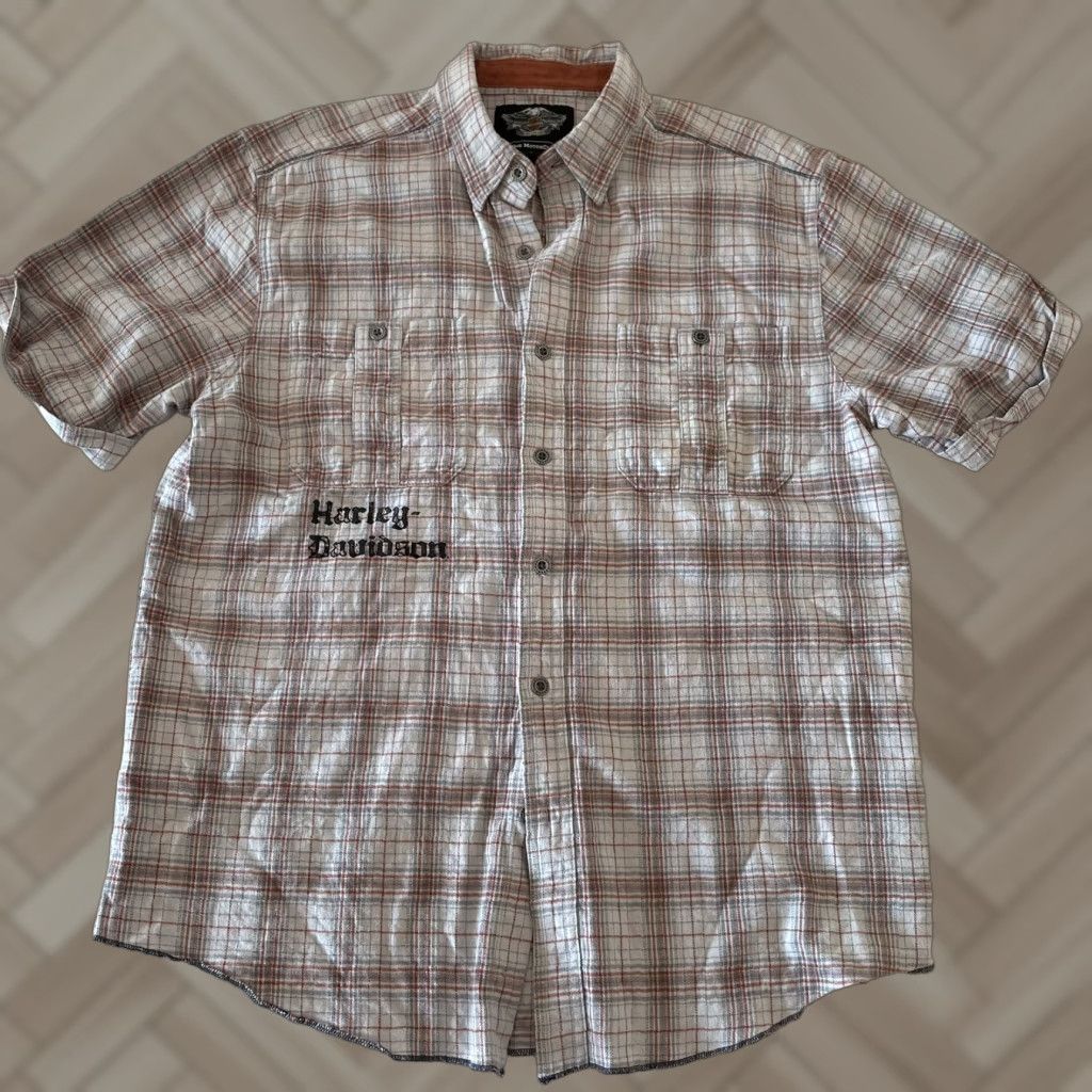 Harley Davidson Harley-Davidson Short Sleeve Plaid Flannel Button-Up Shirt Mens L Beige Gray Size US L / EU 52-54 / 3 - 1 Thumbnail