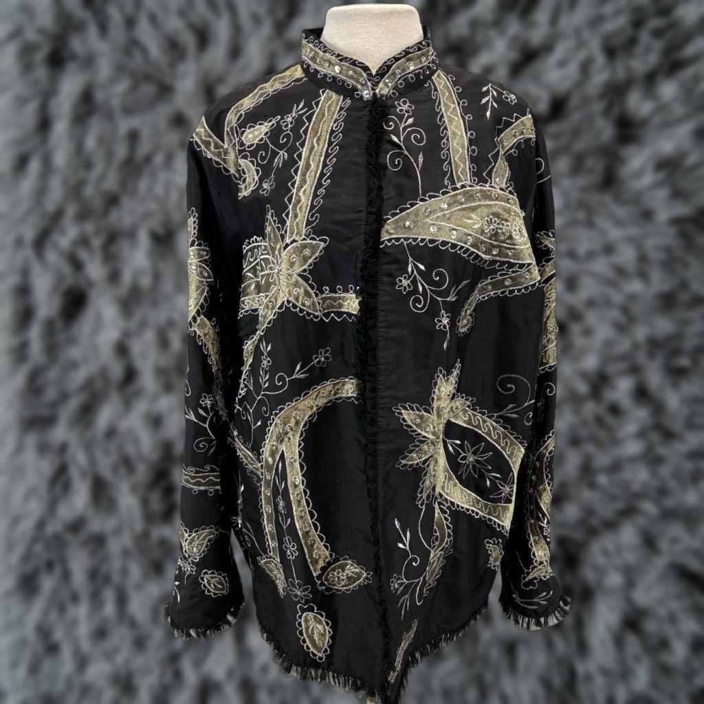 Vintage VINTAGE Anage Too Silk Jacket 2X Plus Black Beaded Lined Paisley Blazer 90s Womens Girls Mens? Size XXL / US 16-18 / IT 52-54 - 1 Thumbnail