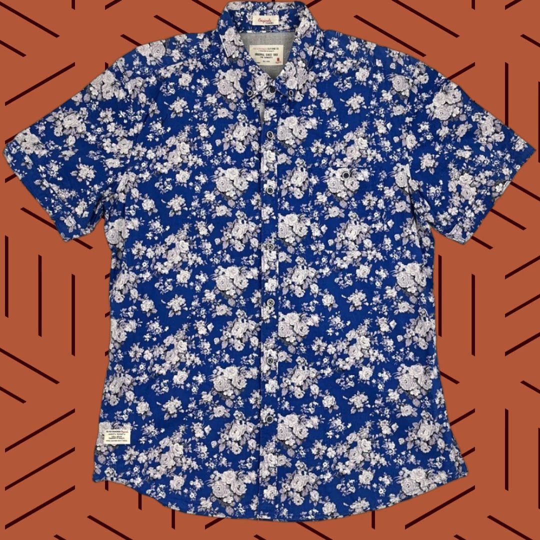 Vintage 7 Diamonds Shirt Mens M All Of Me Floral Blue White Button-Down Short Sleeve Stretch Regular Fit Size US M / EU 48-50 / 2 - 1 Thumbnail
