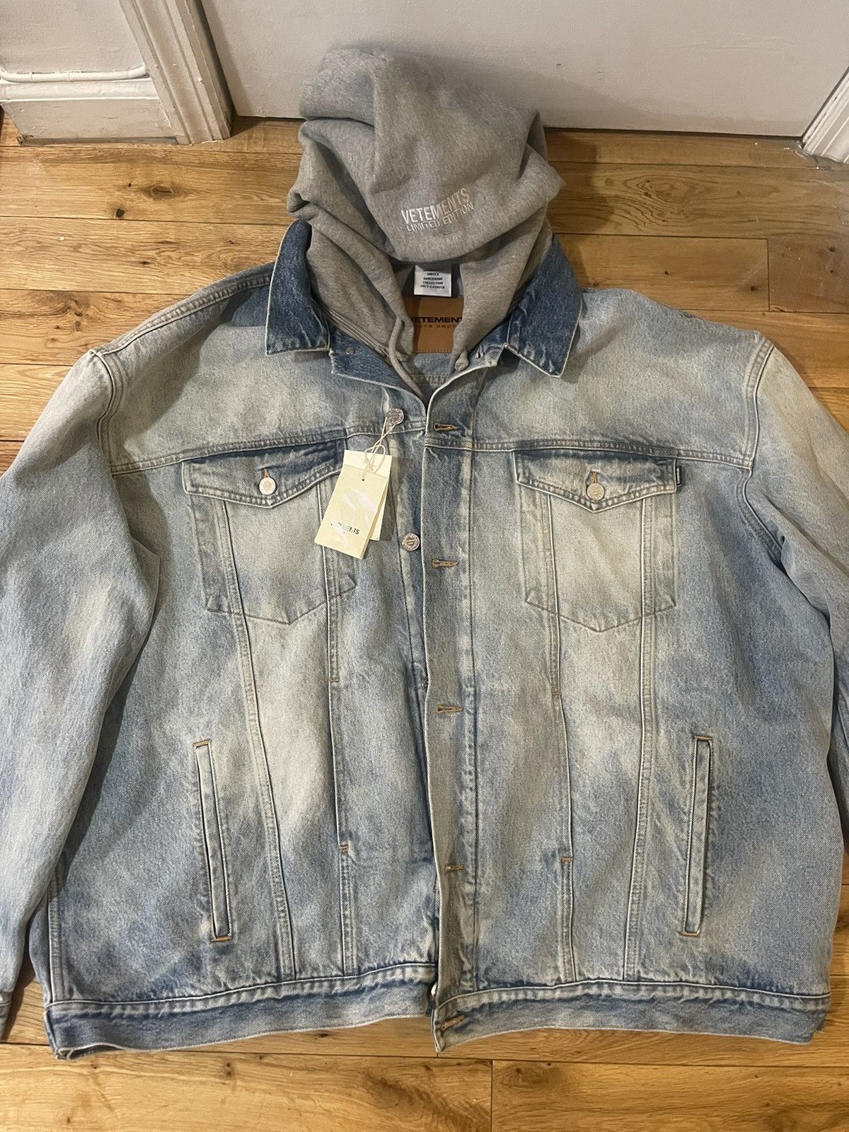 image of Vetements Denim Jacket Removable Hood in Blue, Men's (Size XL)