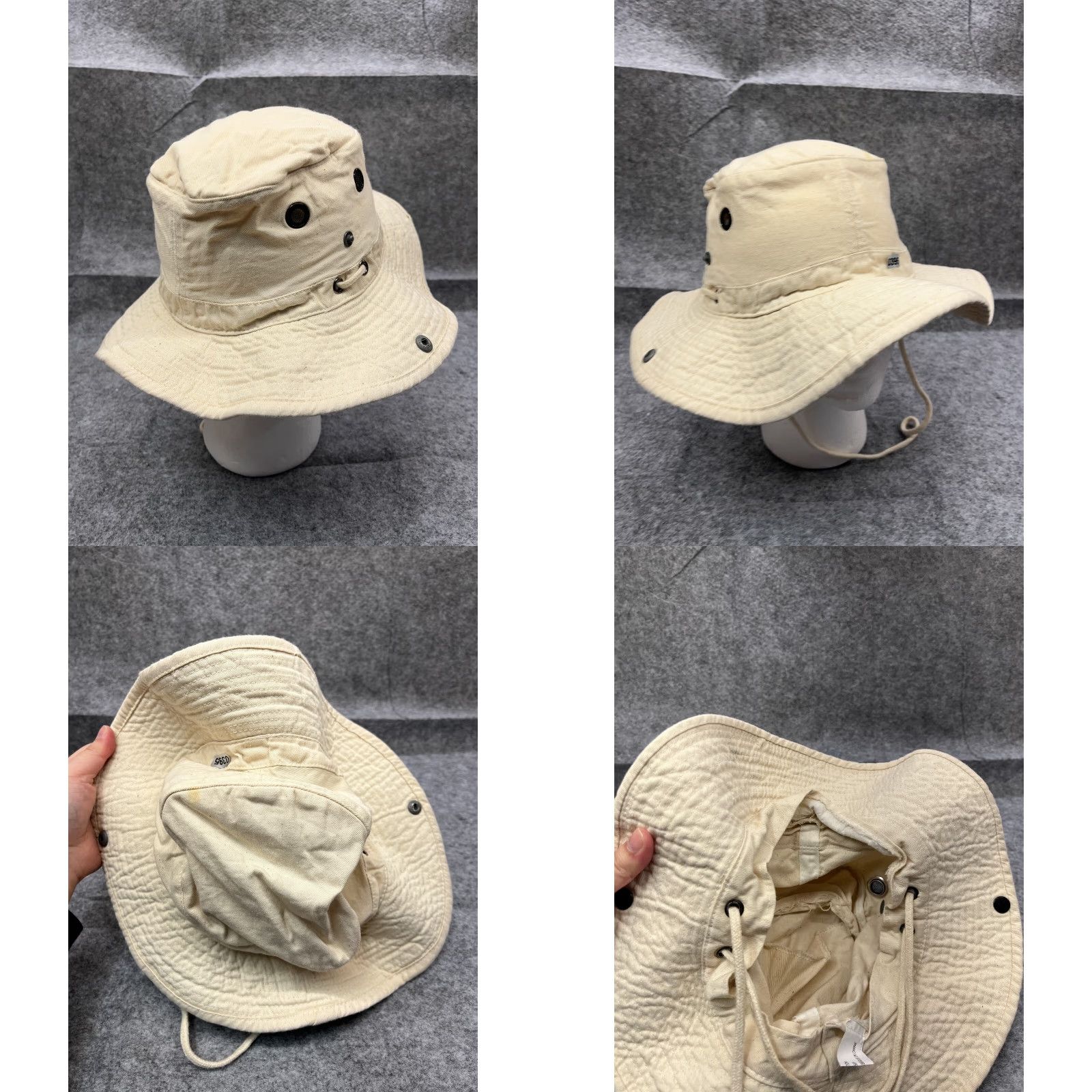Vintage Bucket Sun Hat Adult Small Ivory Beige Cotton Fish Hike Hunt Camp Outdoors Camping Fish Hunting Logo Ski Size ONE SIZE - 8 Thumbnail