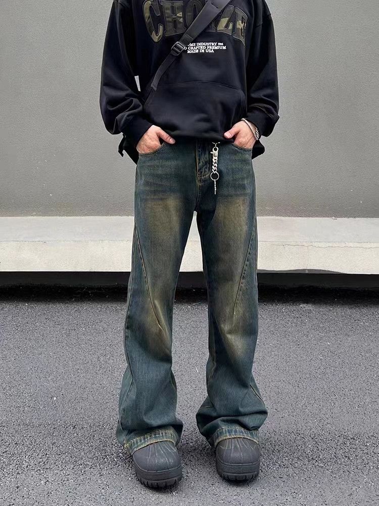 Vintage washed distressed mud-dyed micro-flared jeans